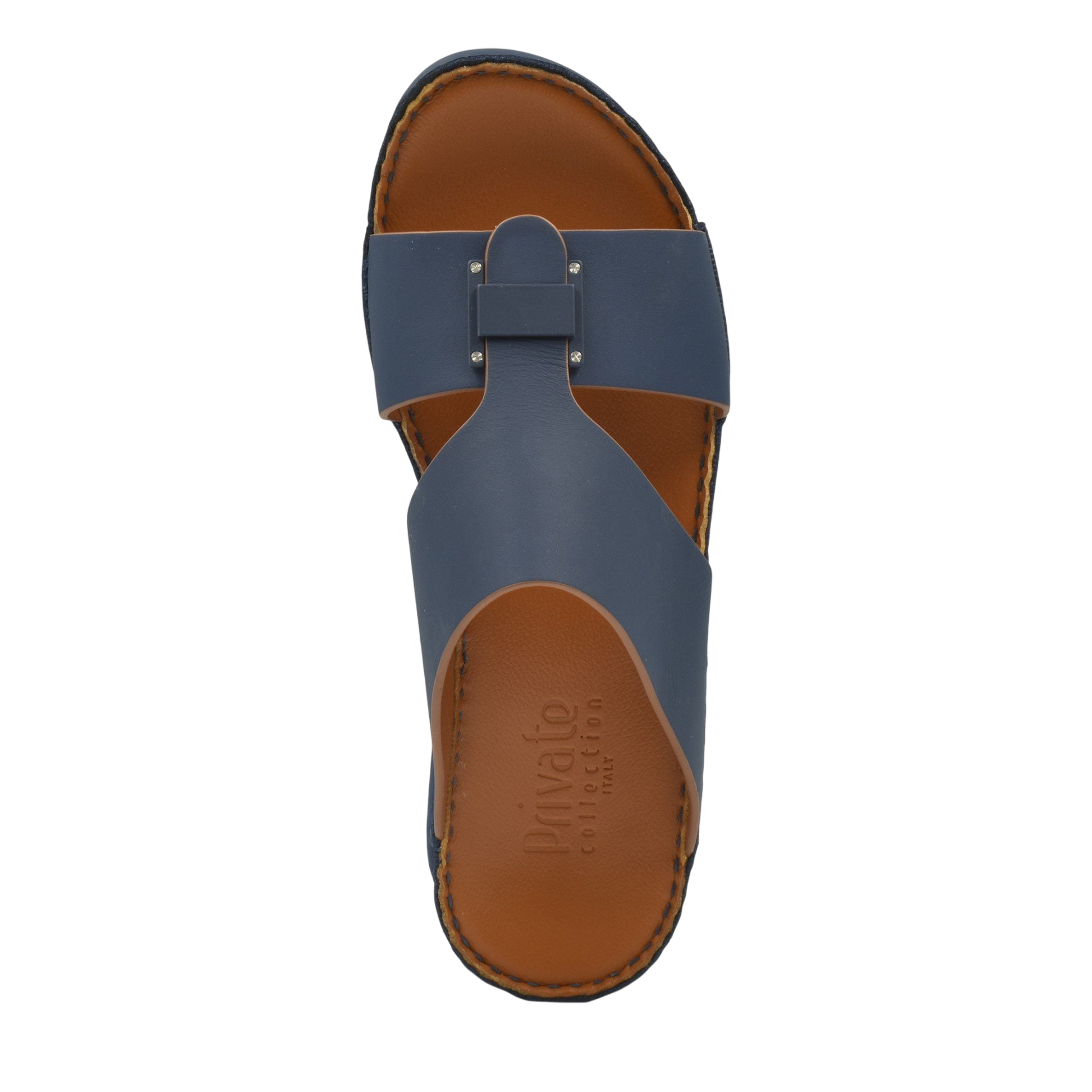Top view of navy blue Manetta Rubbercalf sandals with brown footbed from Private collection