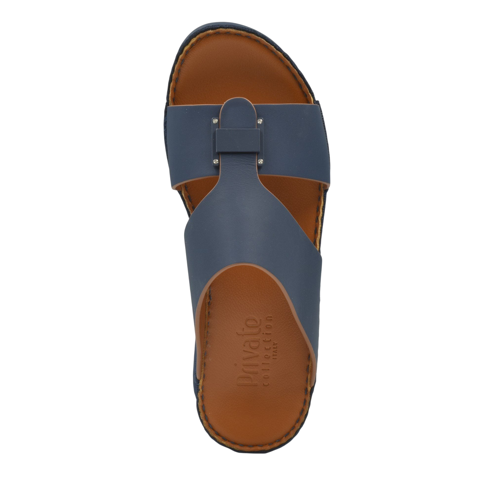 Top view of navy blue Manetta Rubbercalf sandals with brown footbed from Private collection