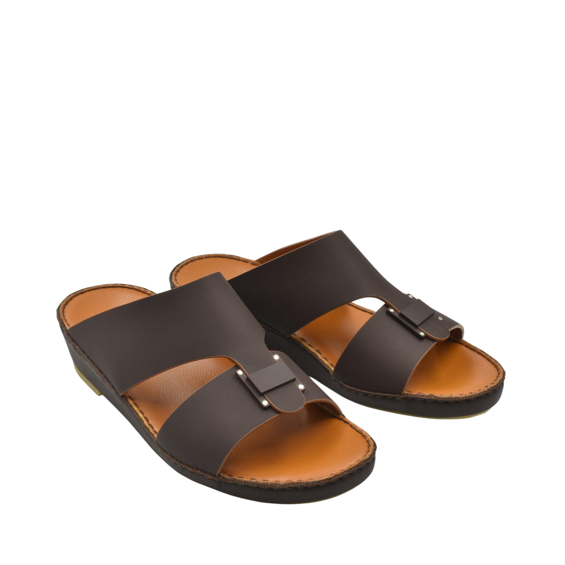Pair of black Manetta Rubbercalf sandals with cushioned brown footbed and open toe design