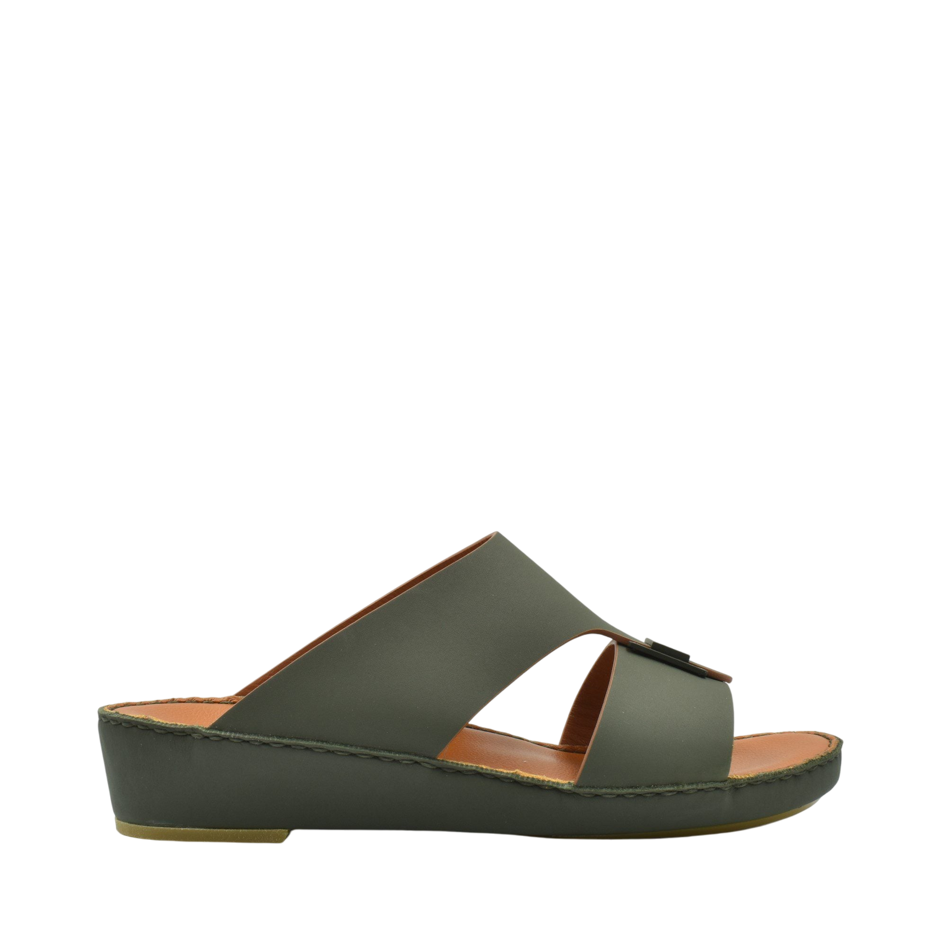 Side view of green Manetta Rubbercalf sandals with open toe and cushioned sole