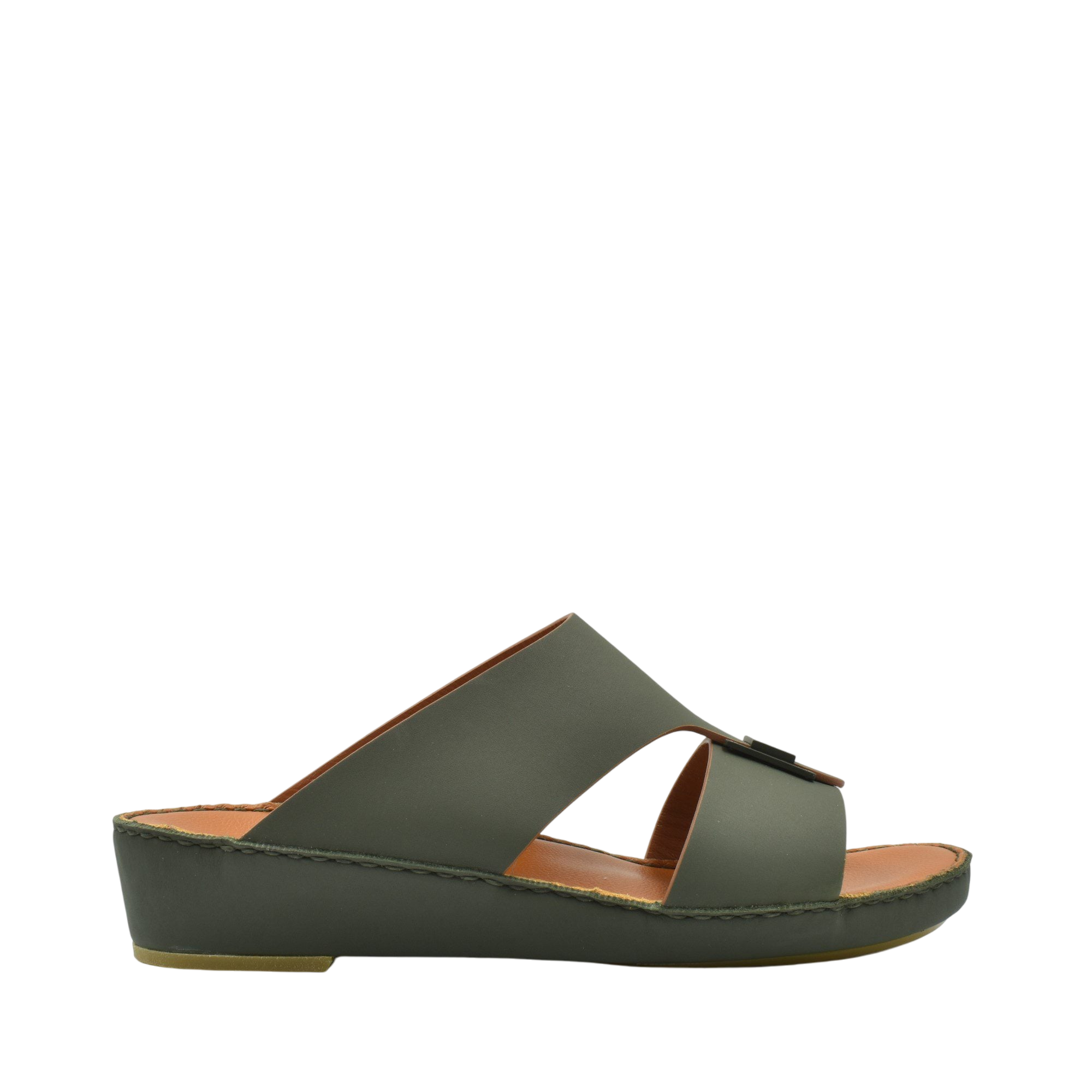 Side view of green Manetta Rubbercalf sandals with open toe and cushioned sole