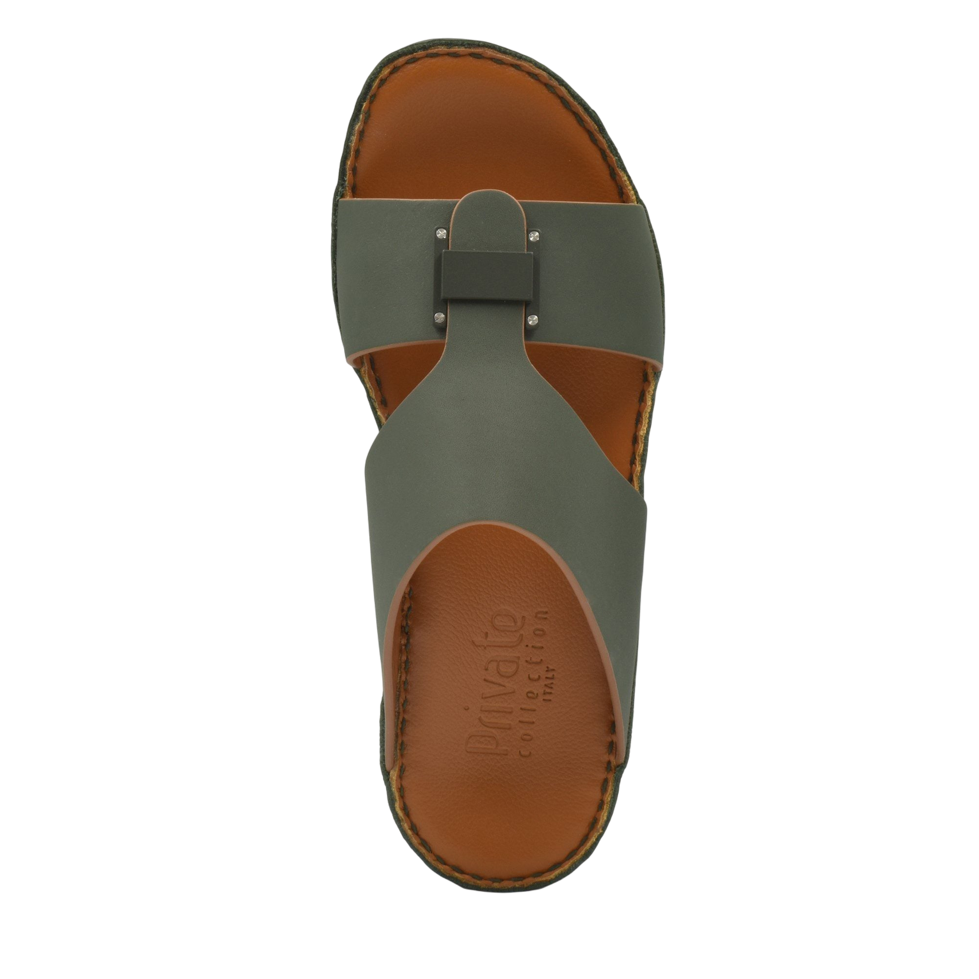 Top view of Manetta Rubbercalf sandals in olive green with brown leather footbed from Private Collection