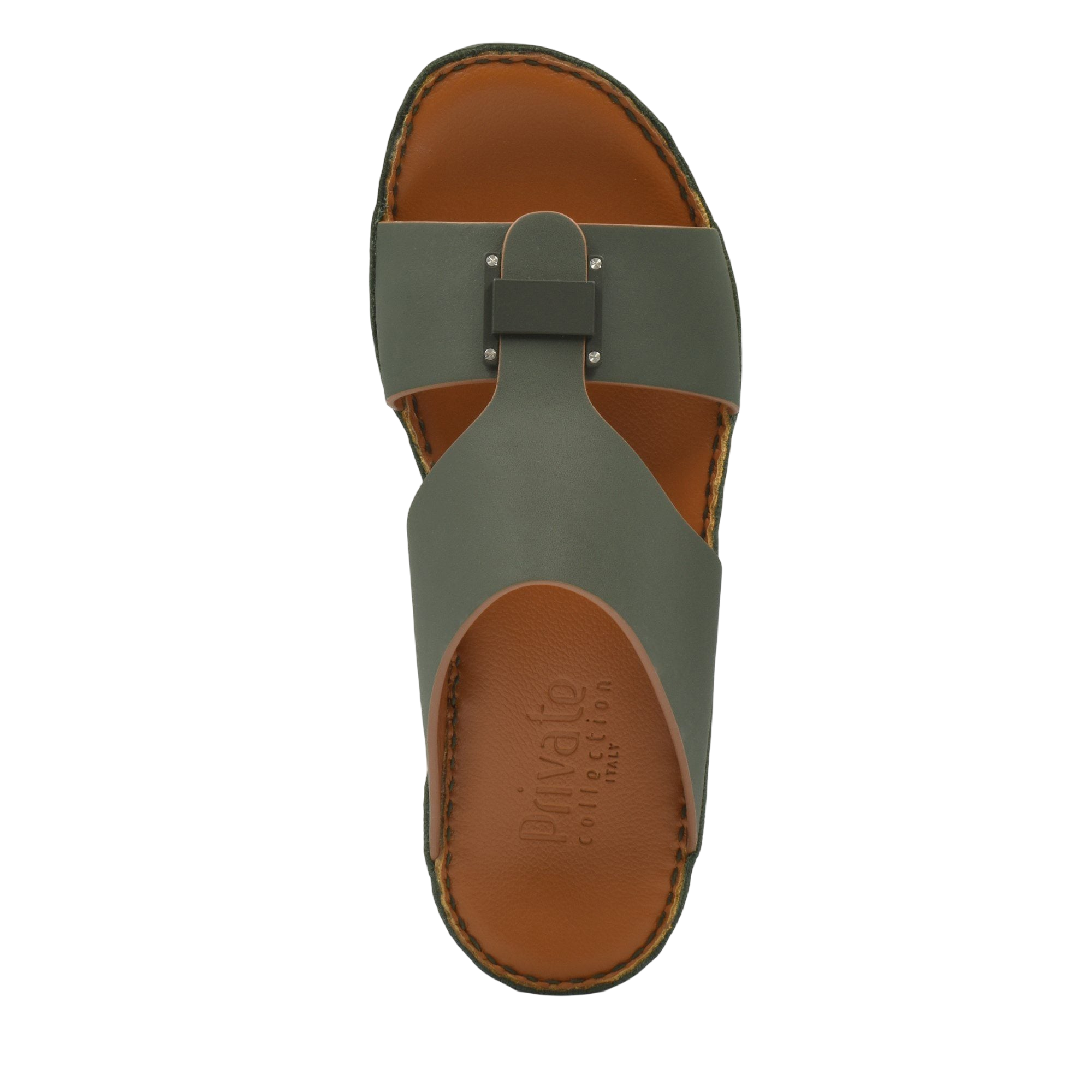 Top view of Manetta Rubbercalf sandals in olive green with brown leather footbed from Private Collection