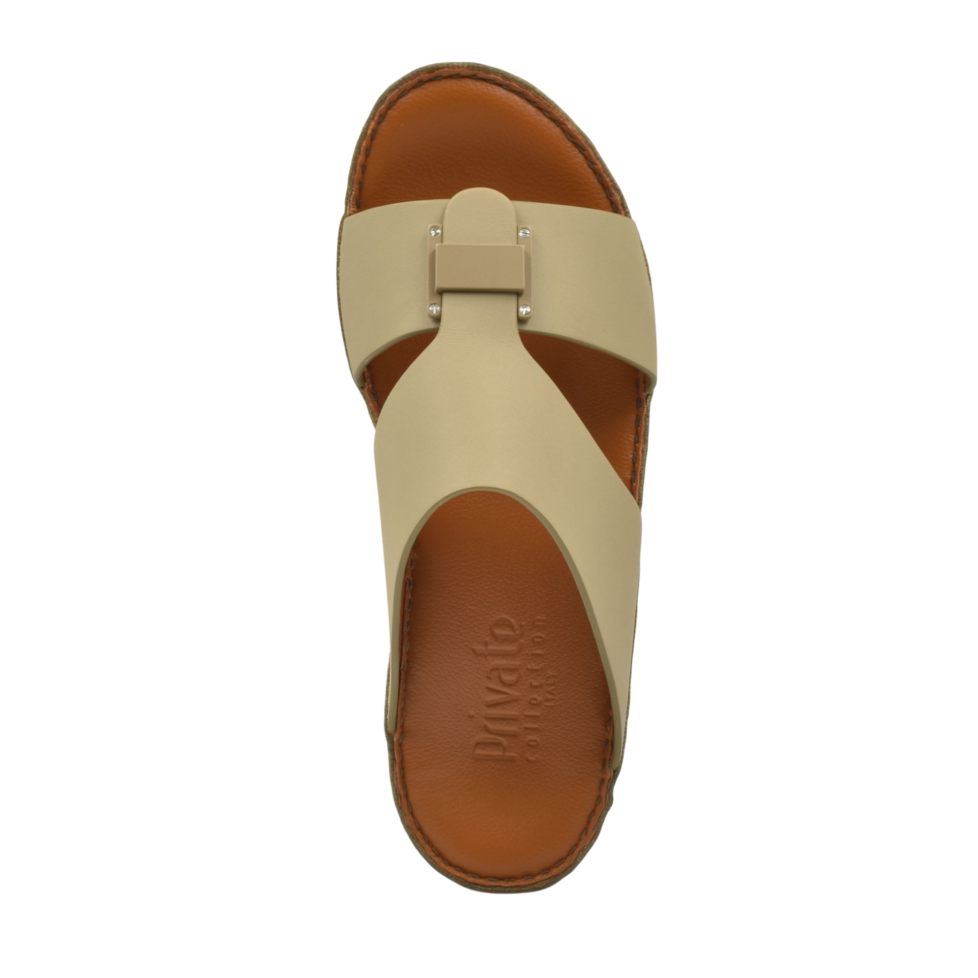 Top view of beige Manetta Rubbercalf sandals with brown leather footbed from Private collection