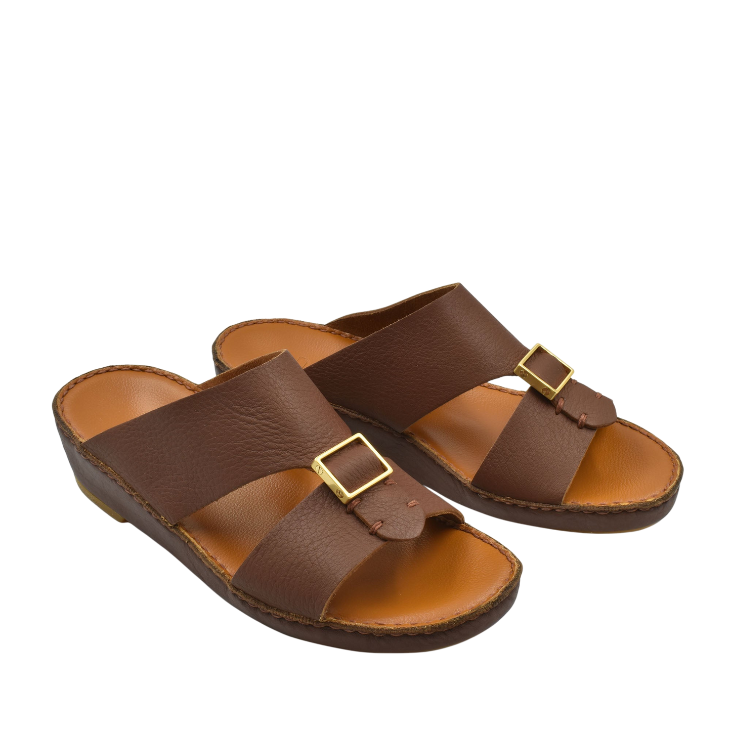 Brown leather metallic deercalf slides with gold buckle and cushioned sole for comfort