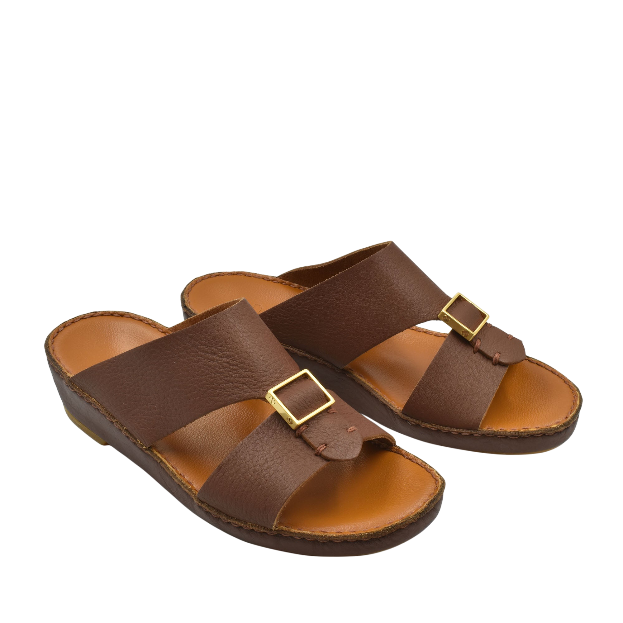 Brown leather metallic deercalf slides with gold buckle and cushioned sole for comfort