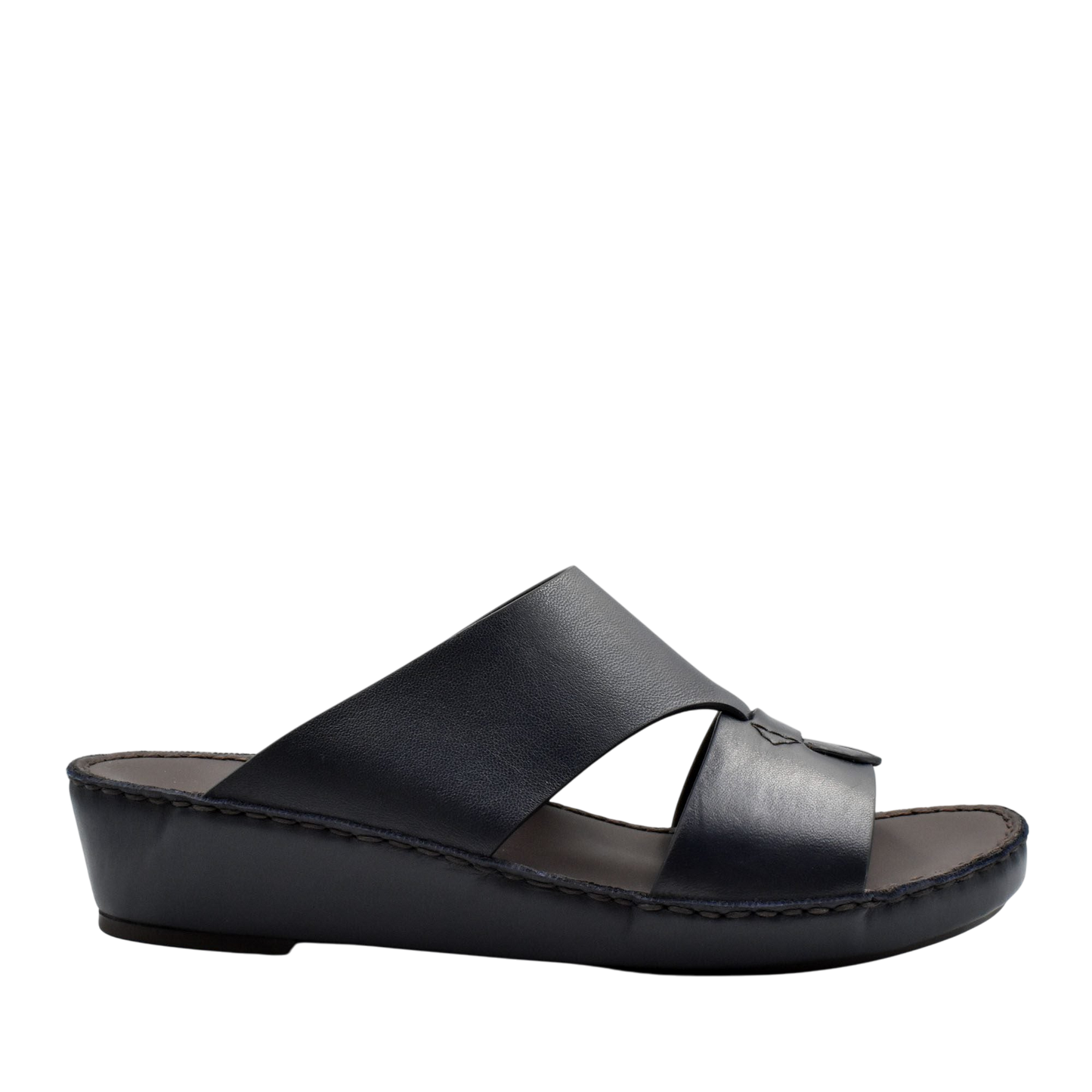 Black Nappa leather sandals with a low wedge heel and wide crossover straps for comfortable wear