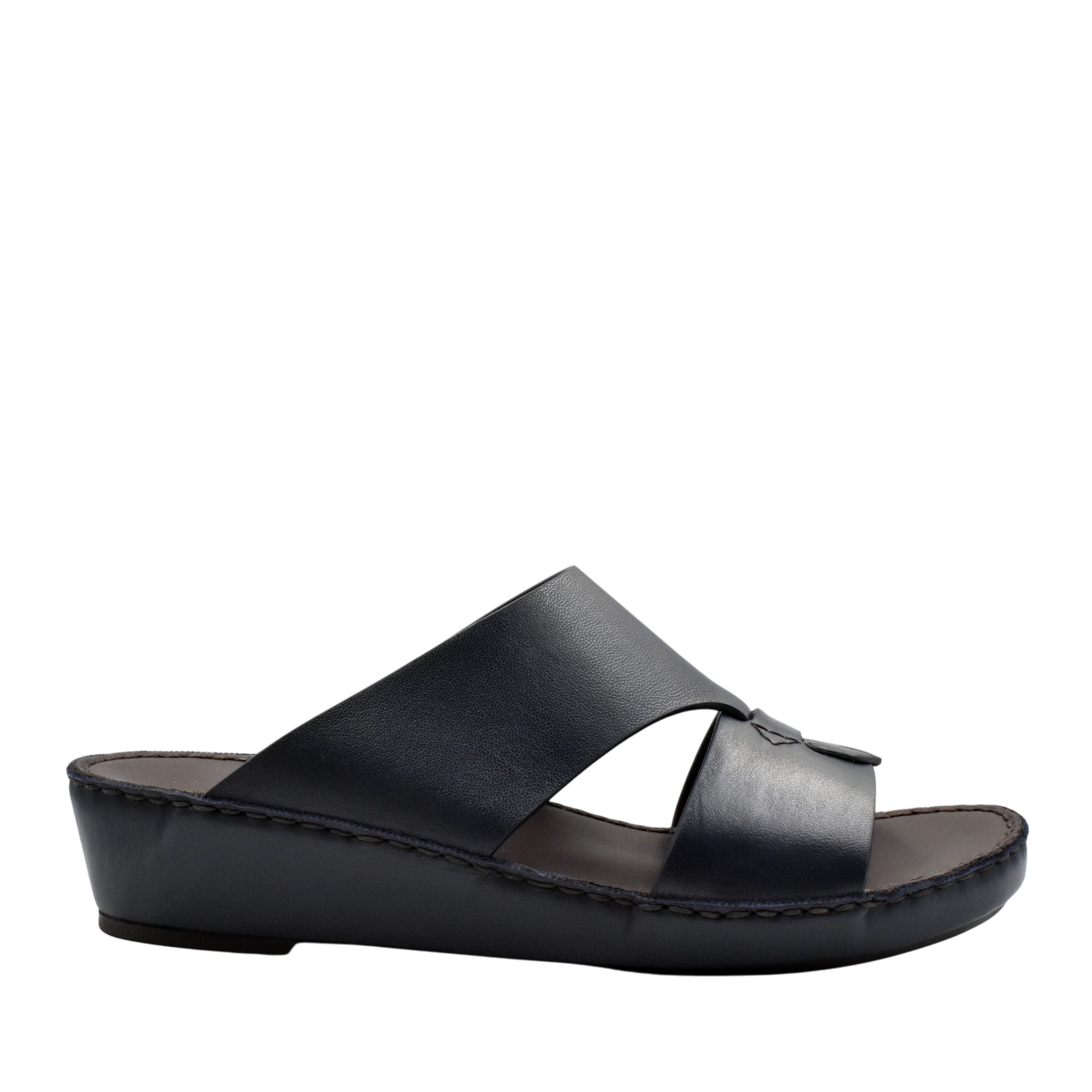 Black Nappa leather sandals with a low wedge heel and wide crossover straps for comfortable wear