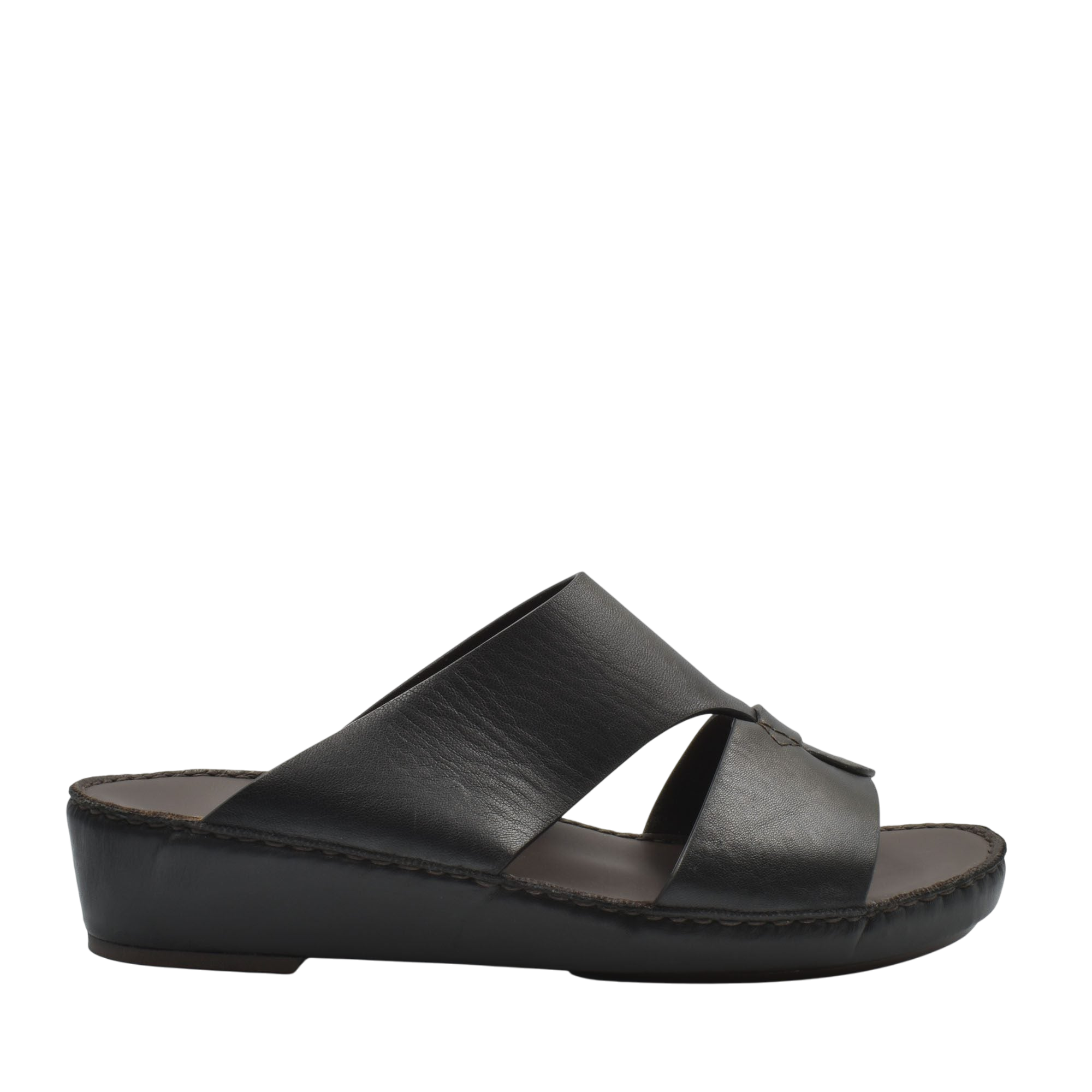 Black Nappa leather sandals with wide cross straps and cushioned sole for comfort