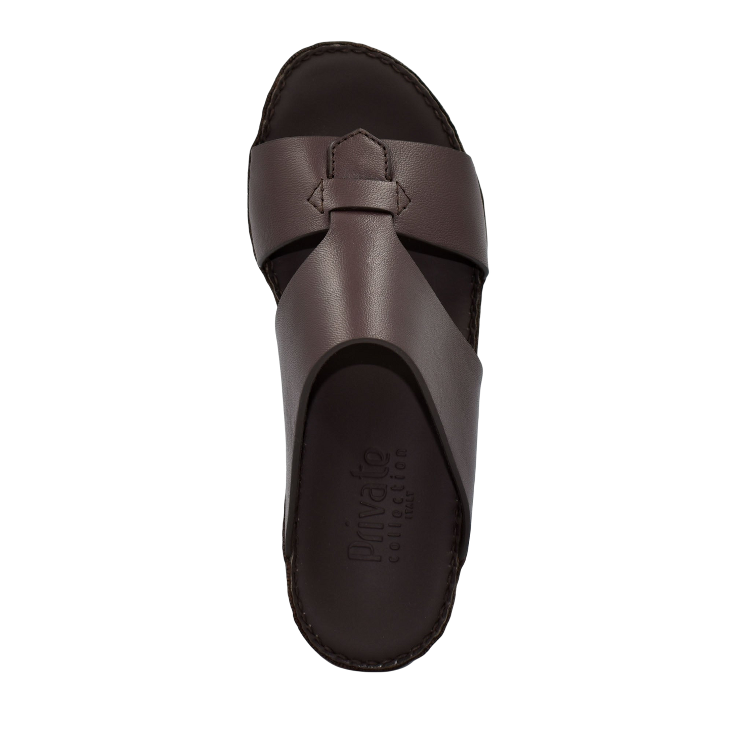 Top view of brown Nappa leather sandals with wide straps and cushioned footbed from Private collection