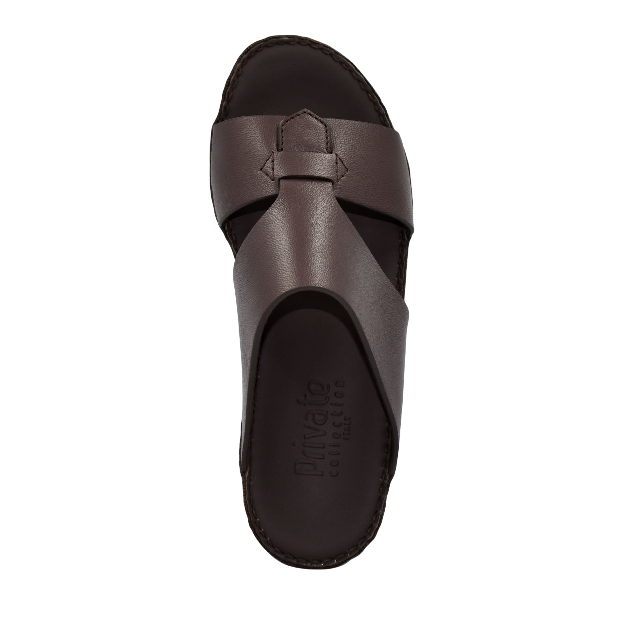 Top view of brown Nappa leather sandals with wide straps and cushioned footbed from Private collection