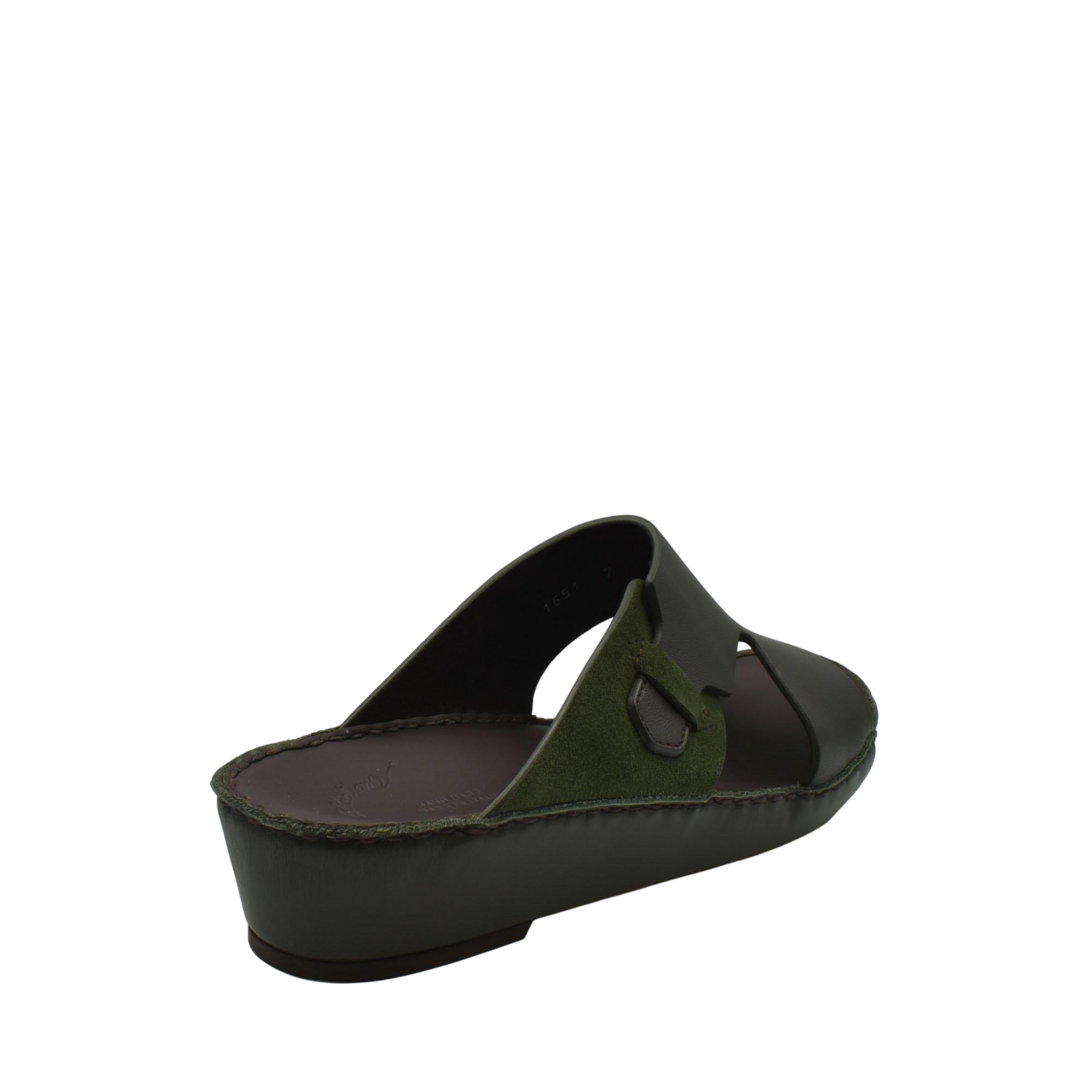 Green nappa suede slide sandals with adjustable buckle and cushioned sole for comfort