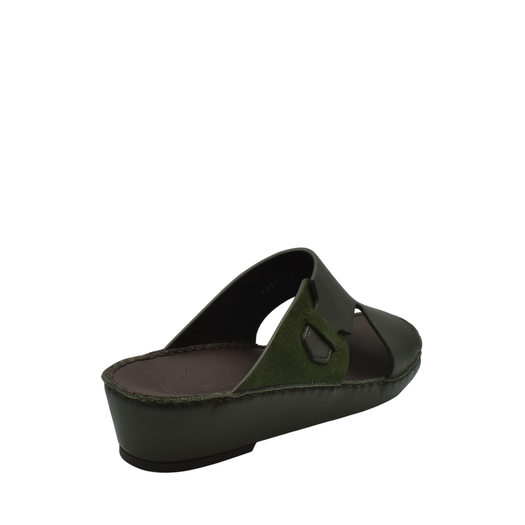Green nappa suede slide sandals with adjustable buckle and cushioned sole for comfort