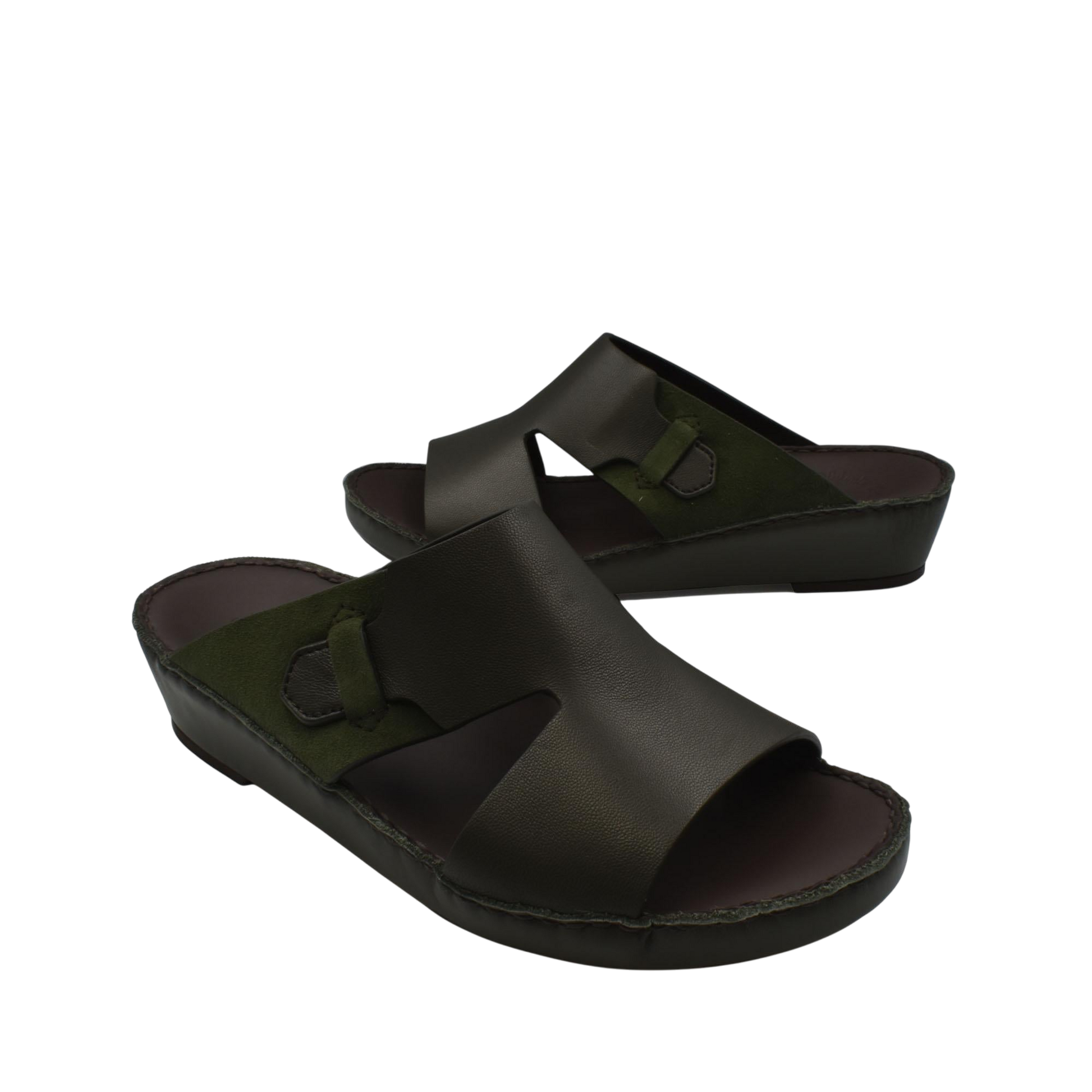 Pair of black and olive nappa suede slide sandals with open toe and comfortable cushioned sole