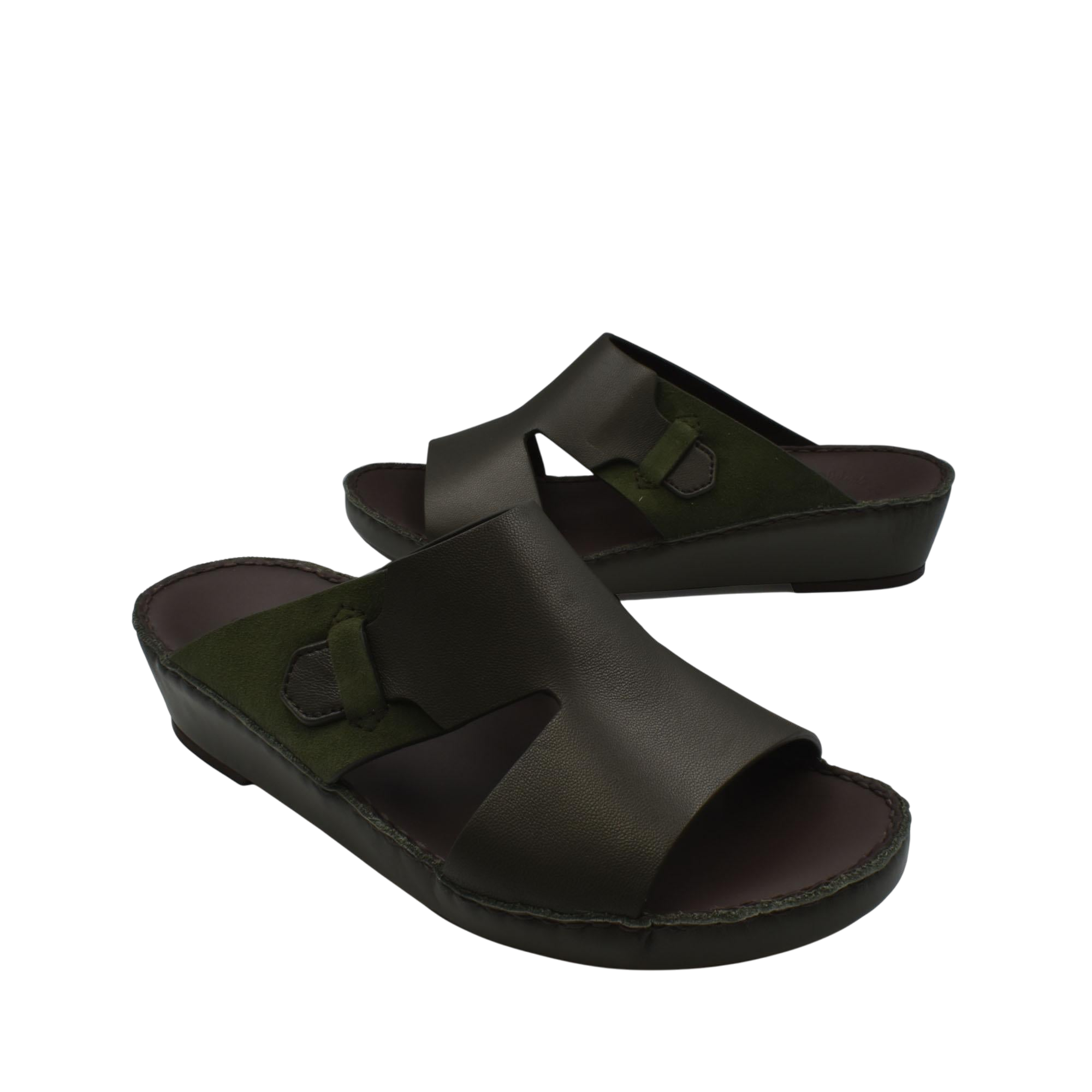 Pair of black and olive nappa suede slide sandals with open toe and comfortable cushioned sole