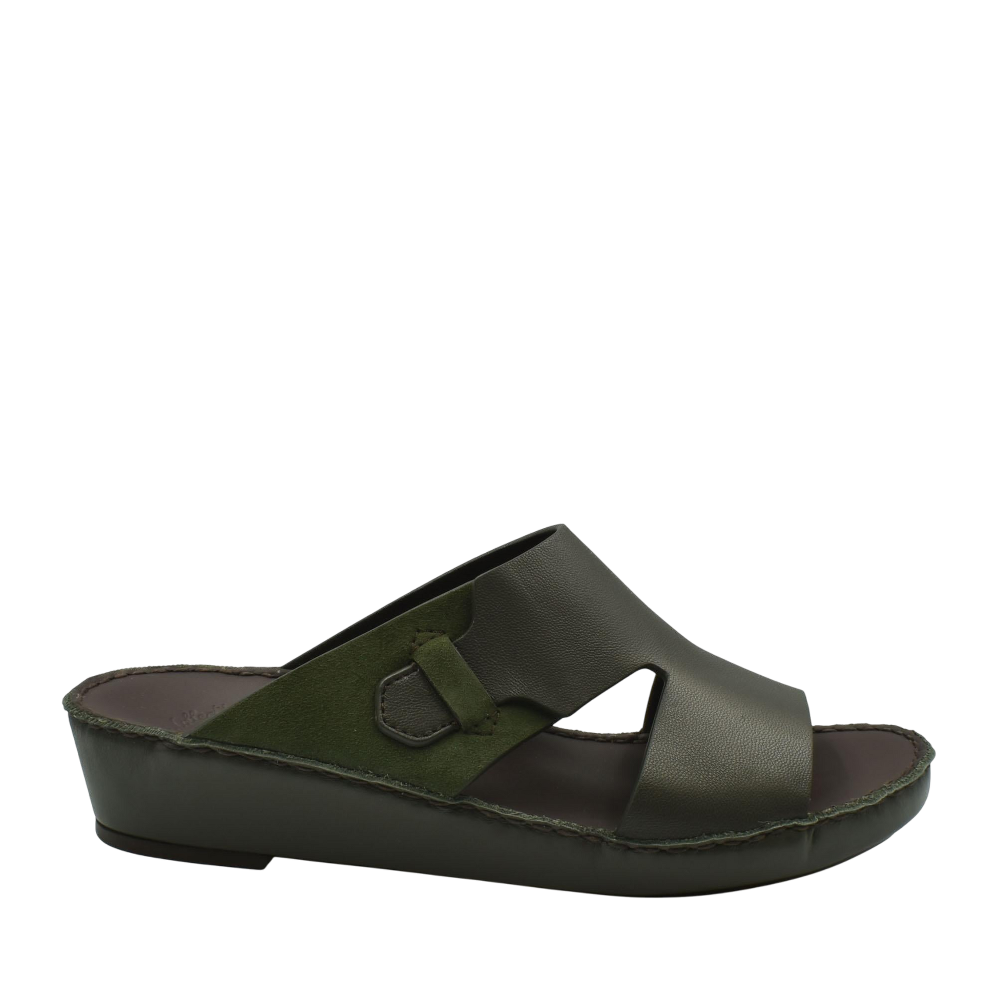 Private collection nappa suede slide sandals in dark green with wedge sole and open toe design