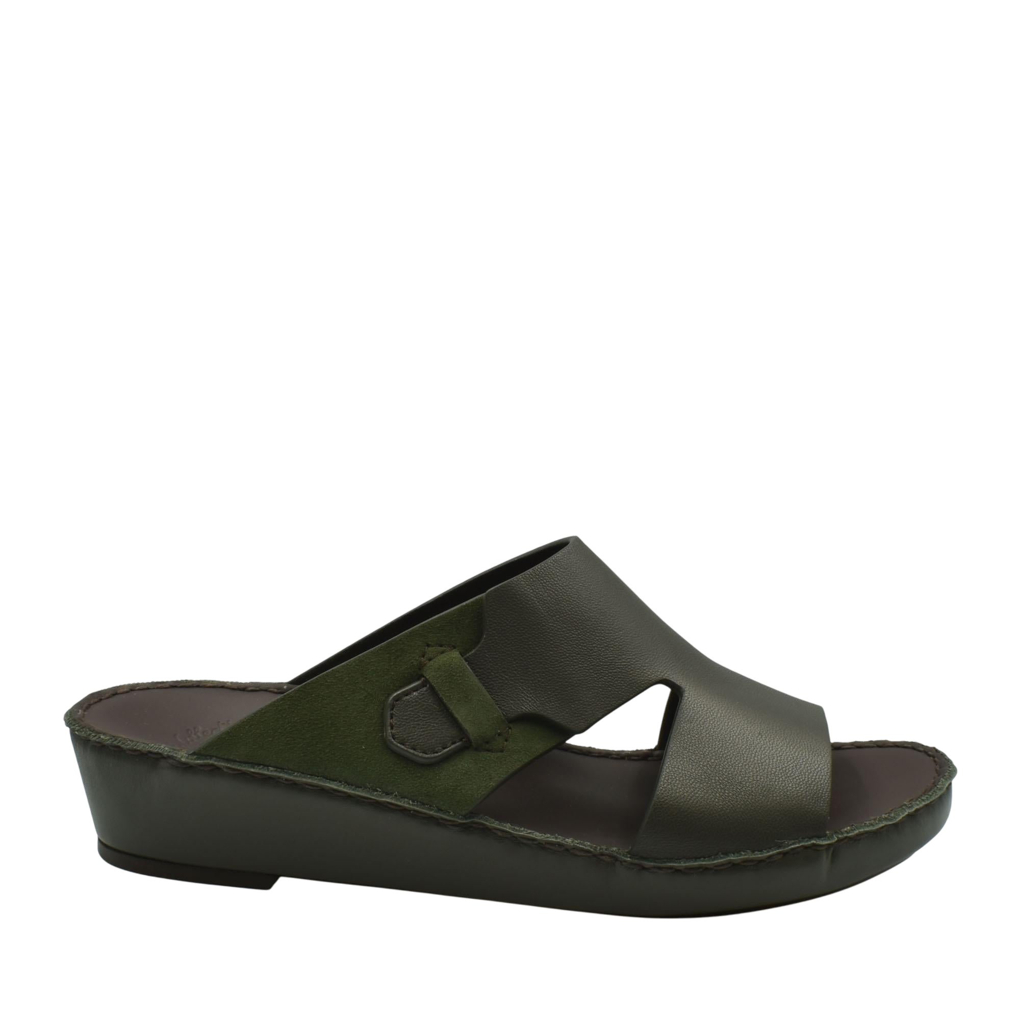 Private collection nappa suede slide sandals in dark green with wedge sole and open toe design