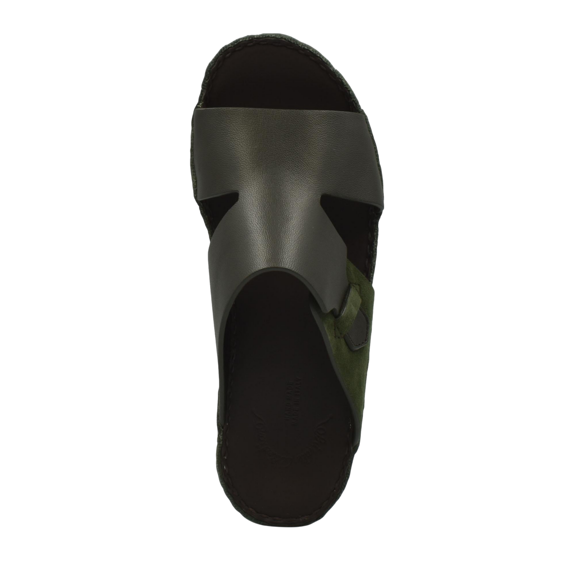 Men's nappa suede slide sandals in black and olive green with adjustable buckle strap