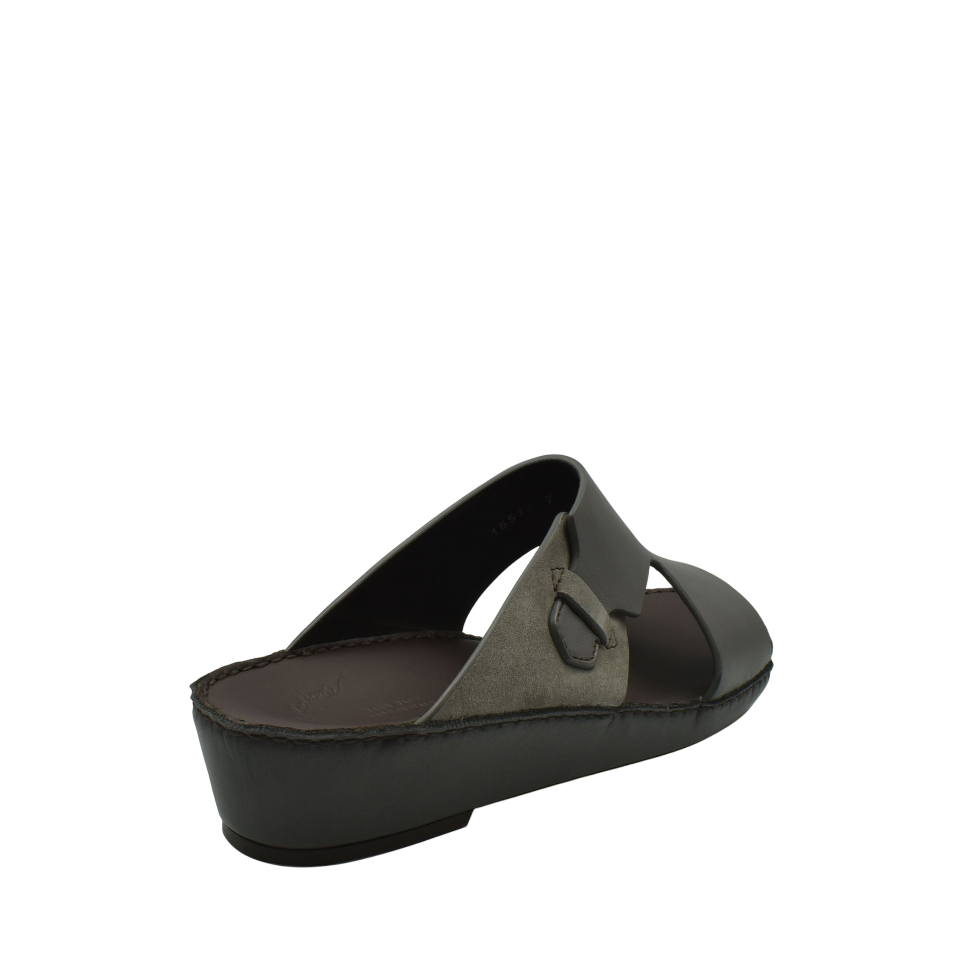 Black and gray nappa suede slide sandals with adjustable buckle and cushioned sole
