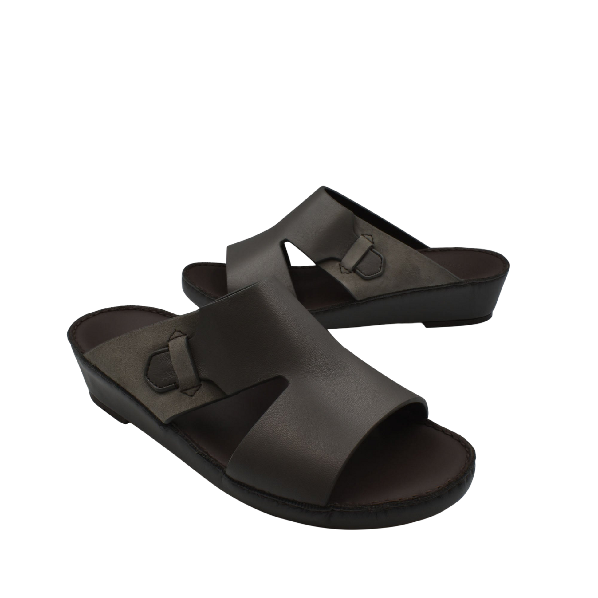 Brown nappa suede slide sandals with open toe and adjustable strap from Private collection