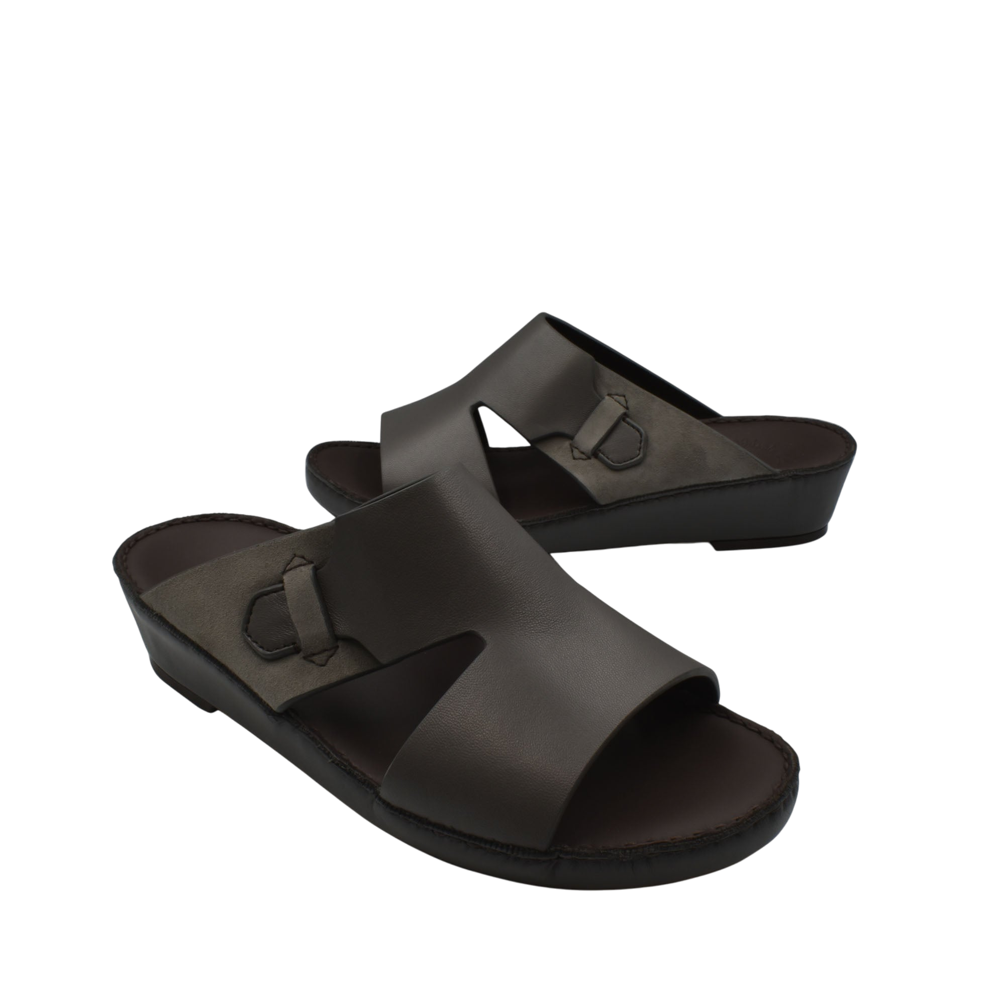 Brown nappa suede slide sandals with open toe and adjustable strap from Private collection