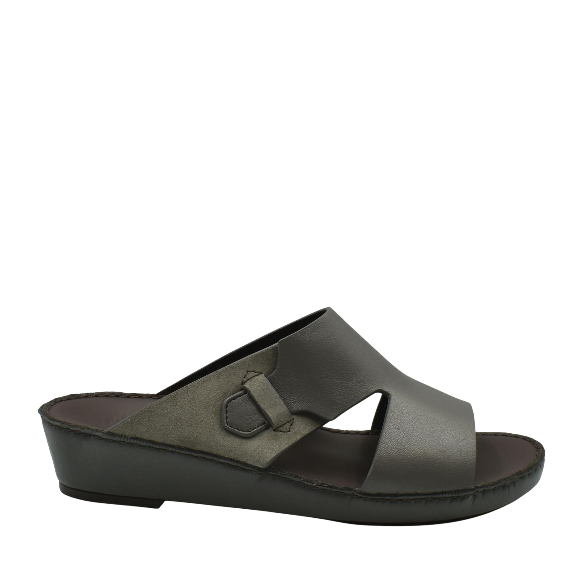 Gray nappa suede slide sandals with low wedge heel and open toe design