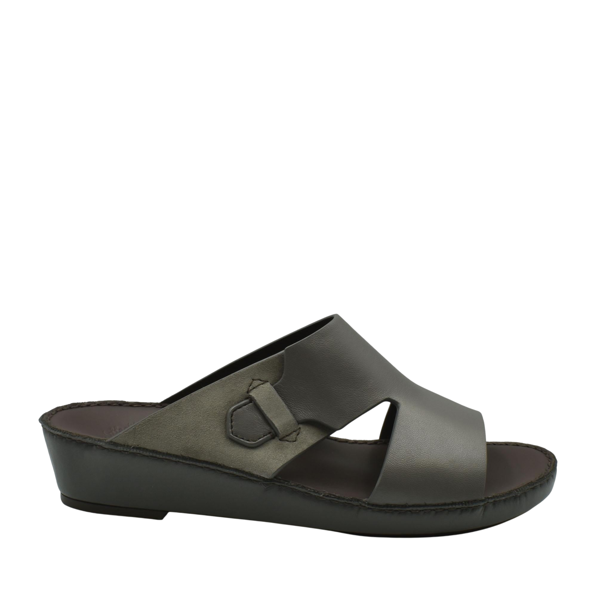 Gray nappa suede slide sandals with low wedge heel and open toe design