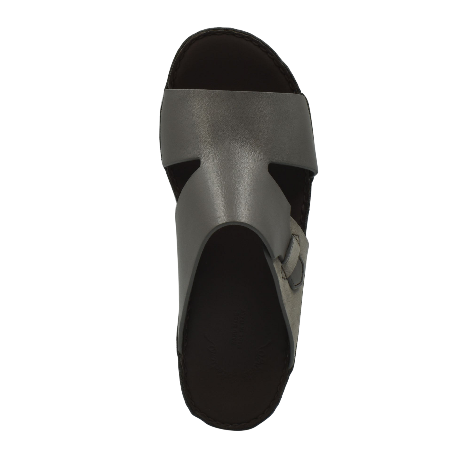Top view of gray nappa suede slide sandals with adjustable side buckle and black sole