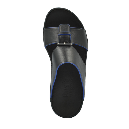 Black natural contrast sandals with blue edging and adjustable buckle strap from Private Collection