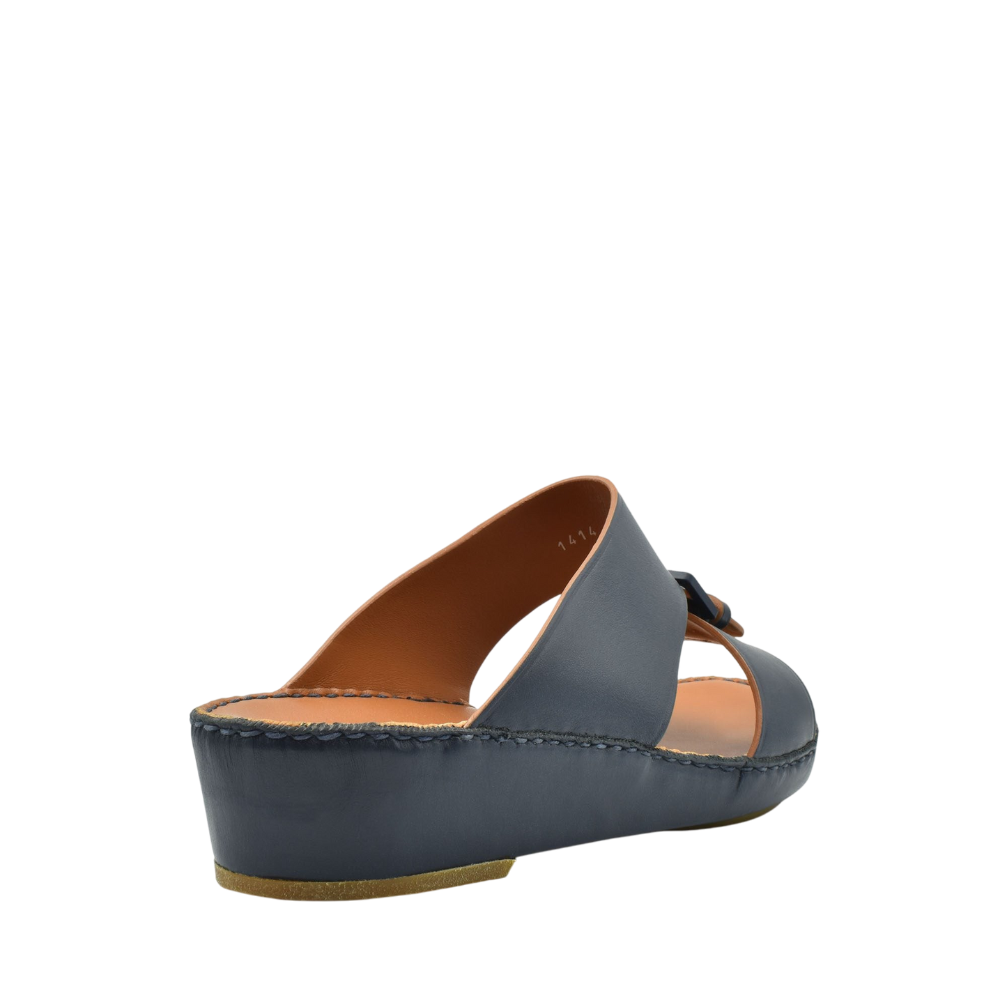 Side view of black natural contrast sandals with a low wedge heel and leather upper
