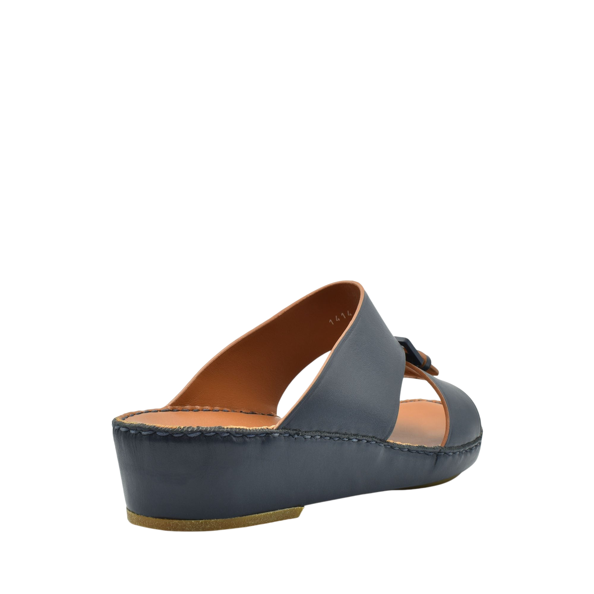 Side view of black natural contrast sandals with a low wedge heel and leather upper