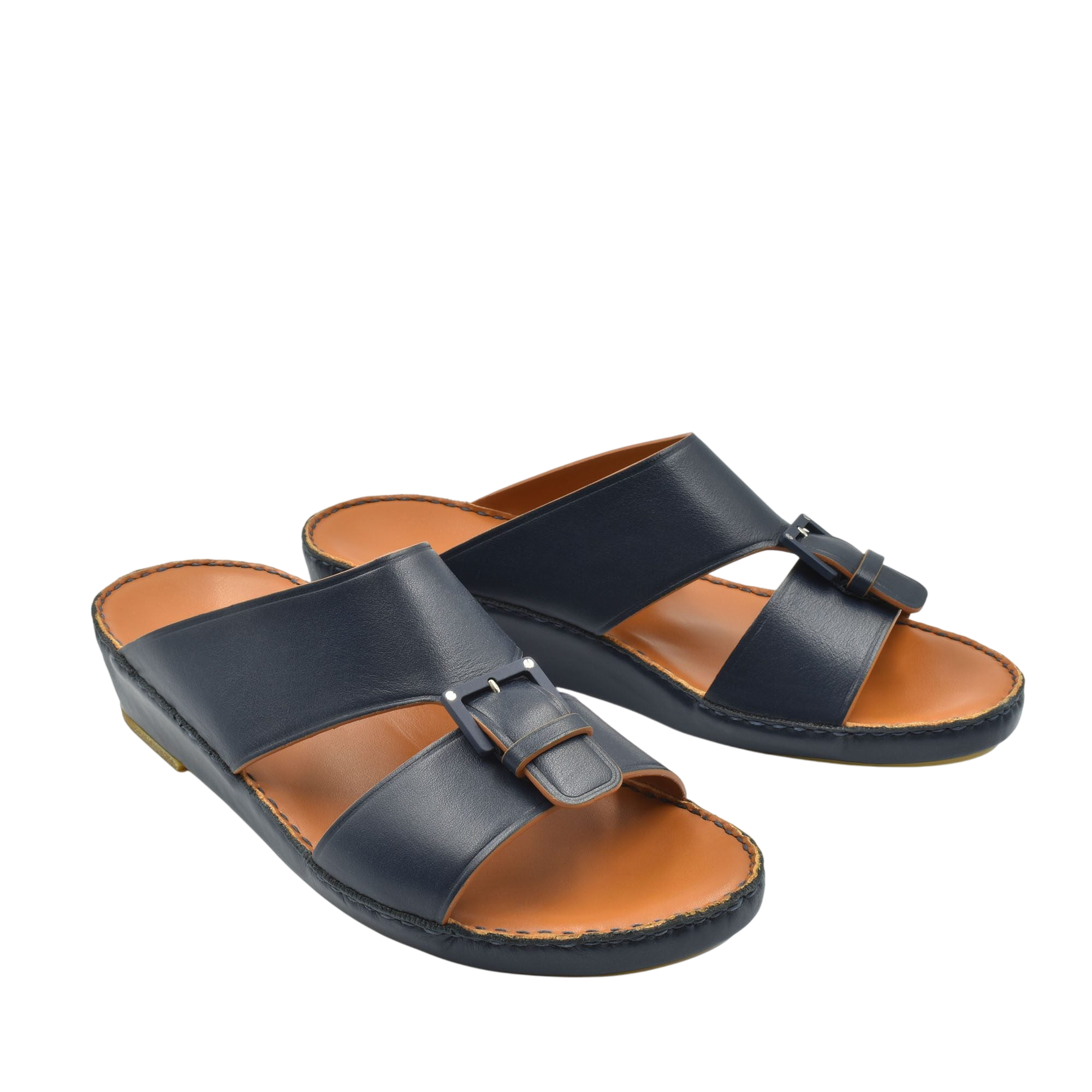 Black and tan natural contrast sandals with buckle detail and comfortable sole from private collection