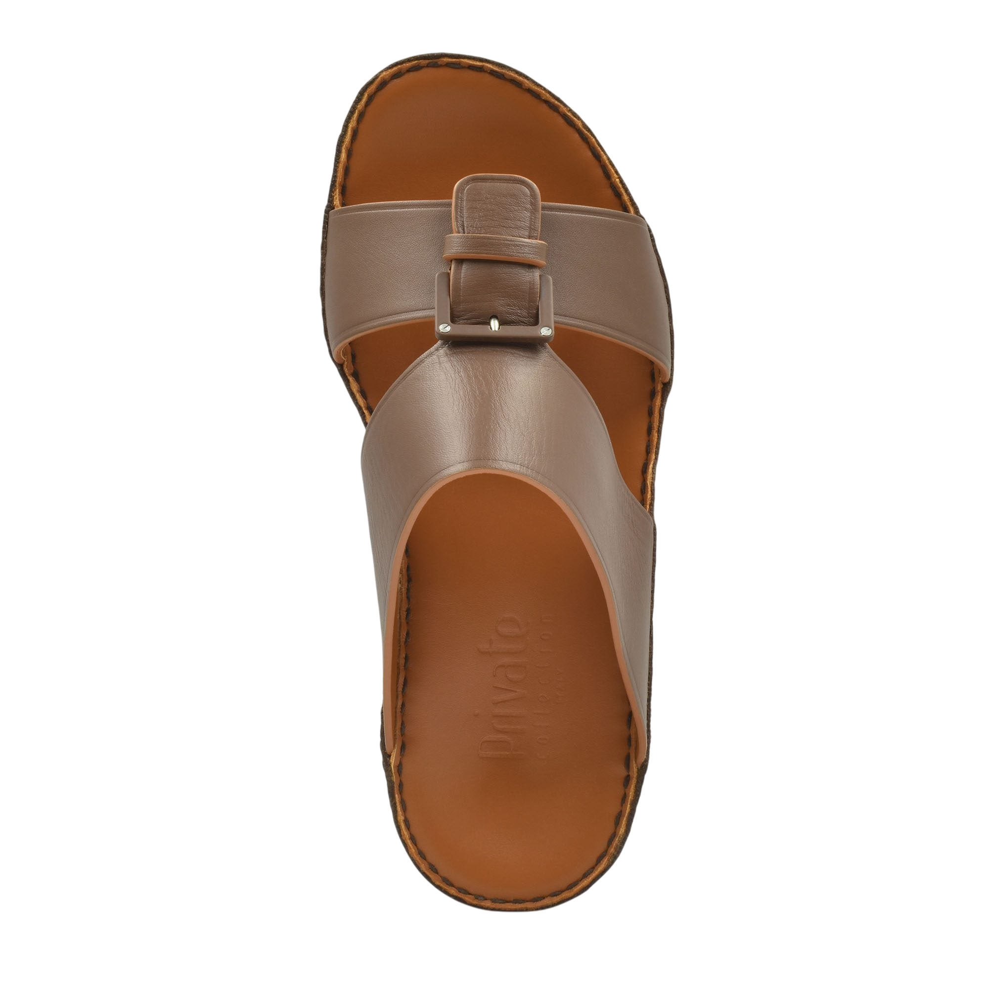 Top view of brown leather natural contrast sandals with buckle strap and stitched sole