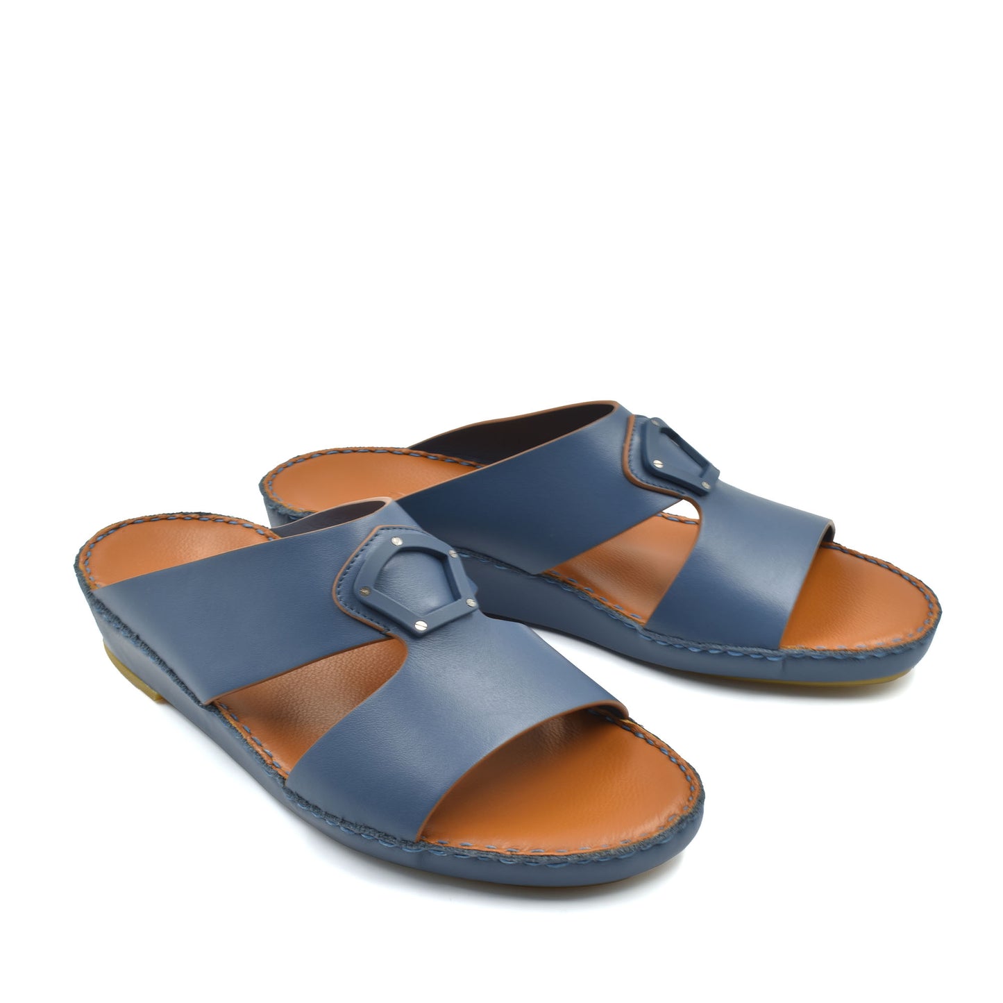 Blue natural leather slide shoes with adjustable buckle straps and cushioned brown insoles