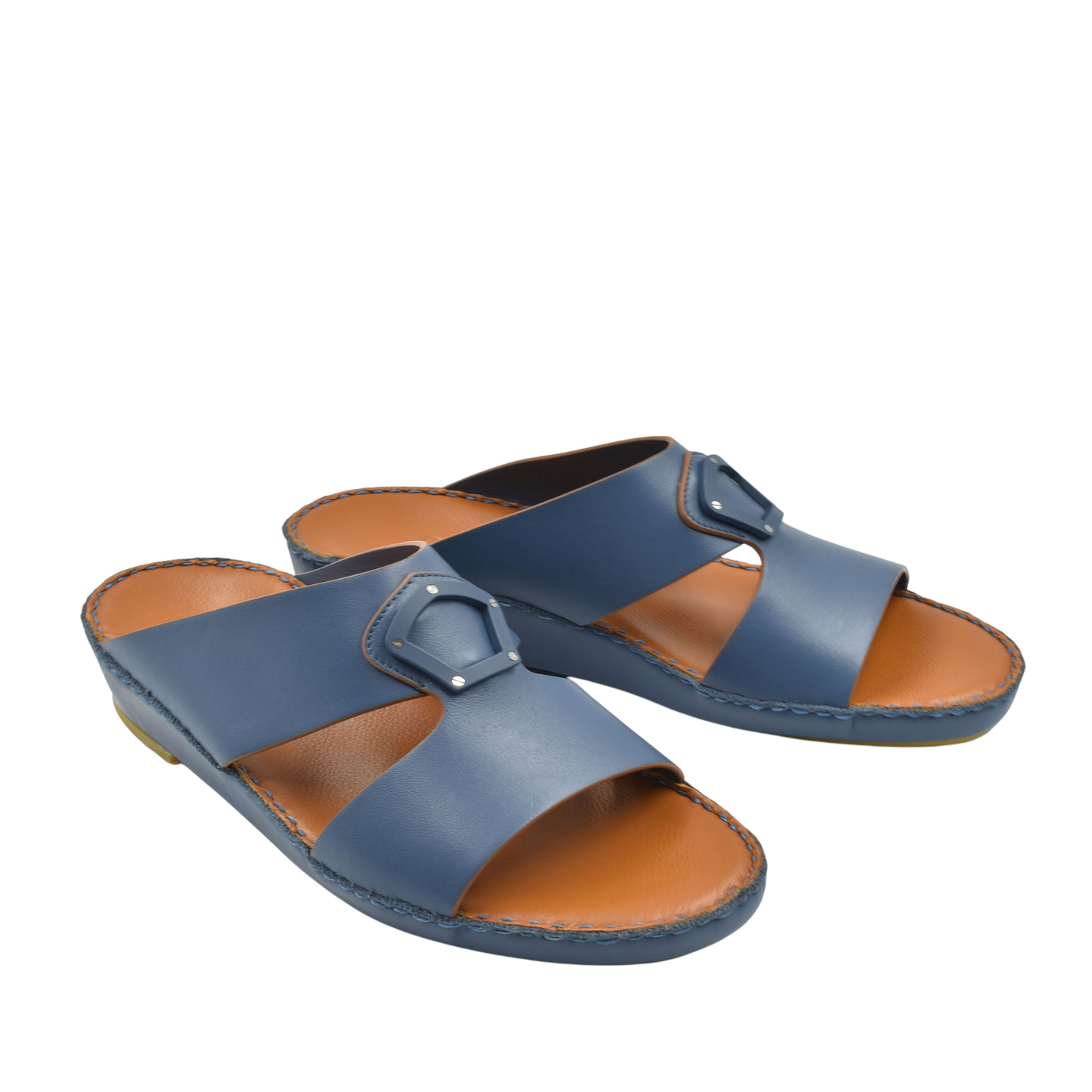 Blue natural leather slide shoes with adjustable buckle straps and cushioned brown insoles