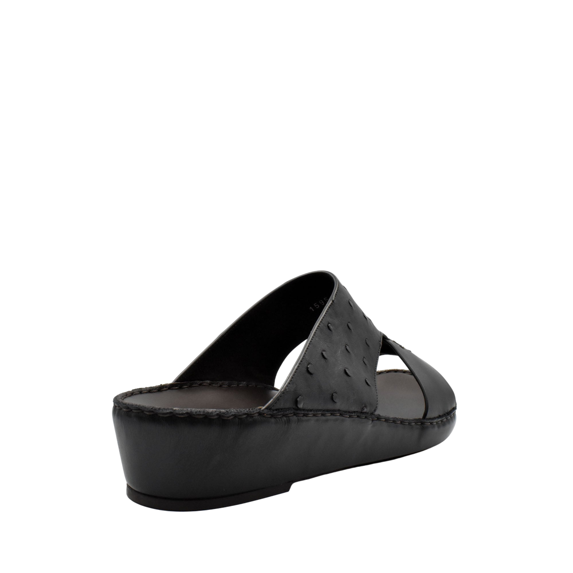 Black ostrich embossed slip on sandals with open toe and cushioned sole for comfortable wear