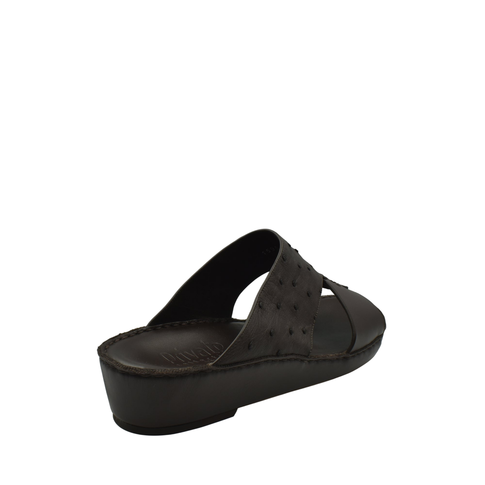 Black ostrich embossed slip on sandals with low wedge heel for comfortable wear