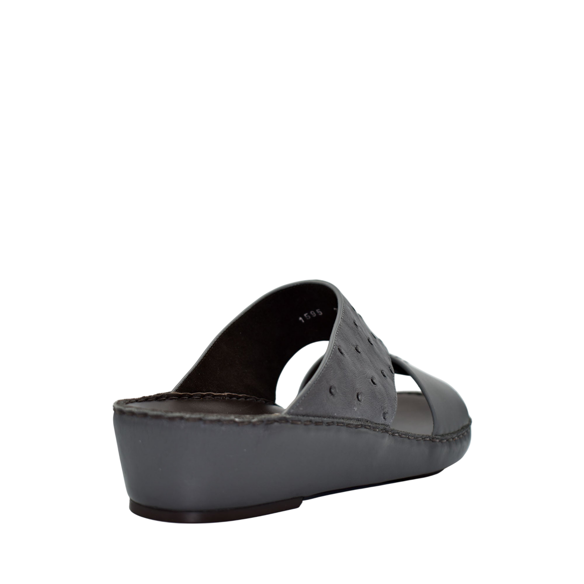 Black ostrich embossed slip on sandals with wedge heel and open toe design