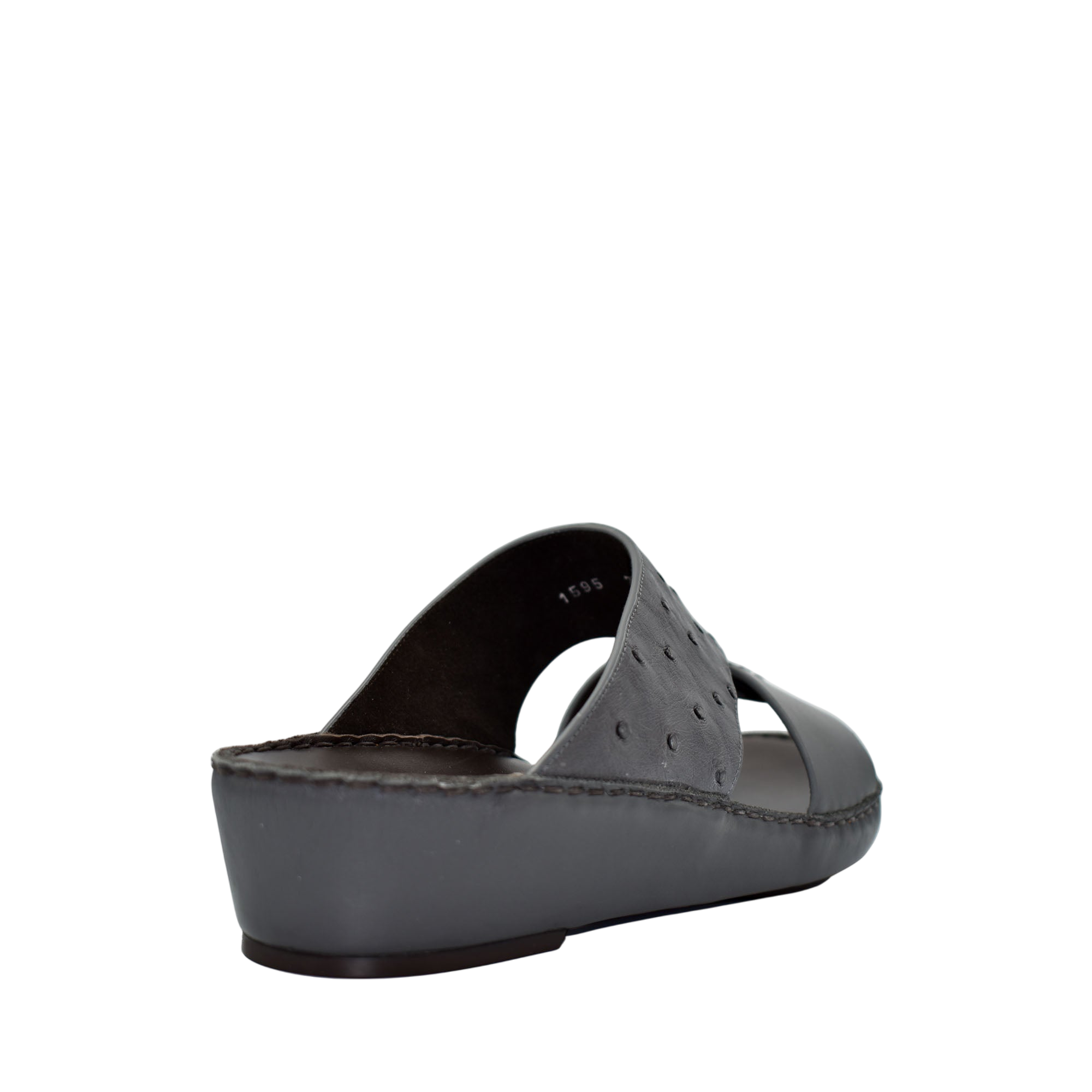 Black ostrich embossed slip on sandals with wedge heel and open toe design