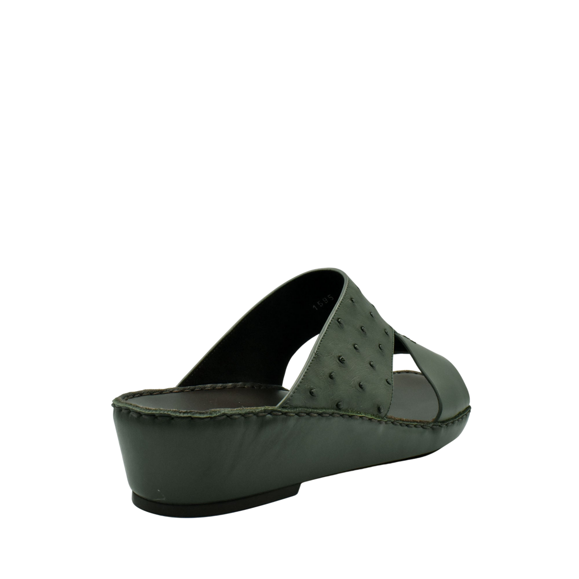 Dark green ostrich embossed slip on sandals with open toe and cushioned sole