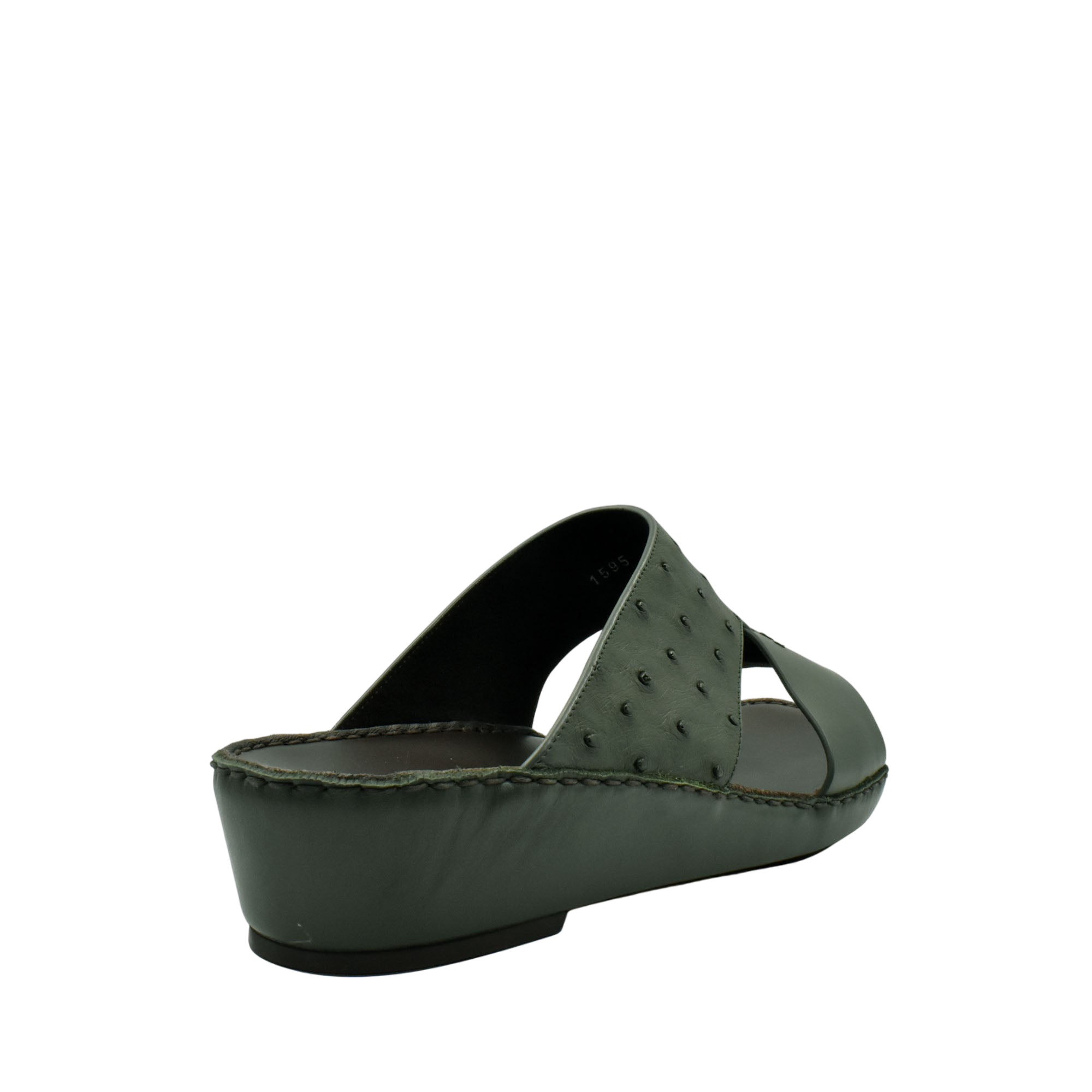 Dark green ostrich embossed slip on sandals with open toe and cushioned sole