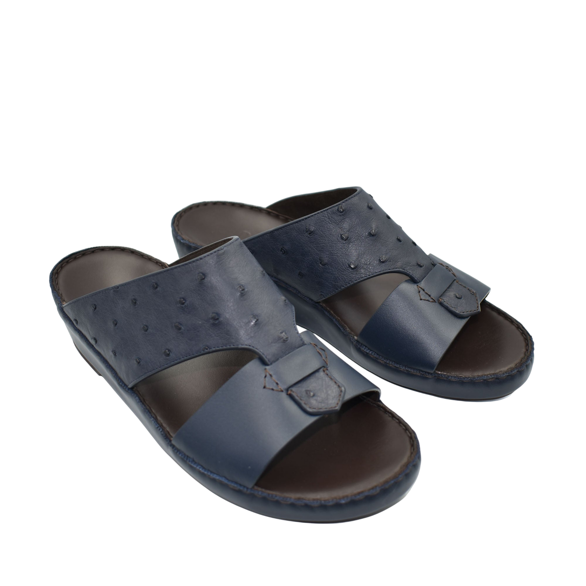 Navy blue ostrich embossed slip on sandals with open toe and adjustable strap