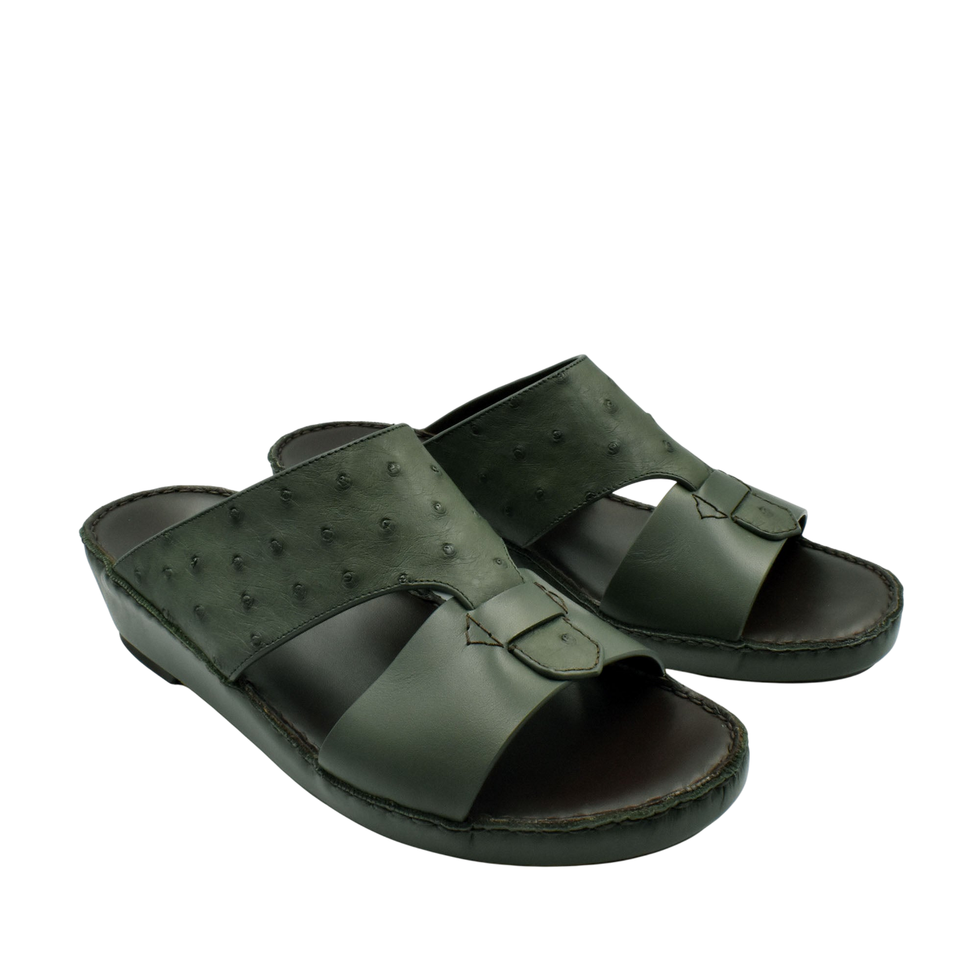 Dark green ostrich embossed slip on sandals with open toe and comfortable sole