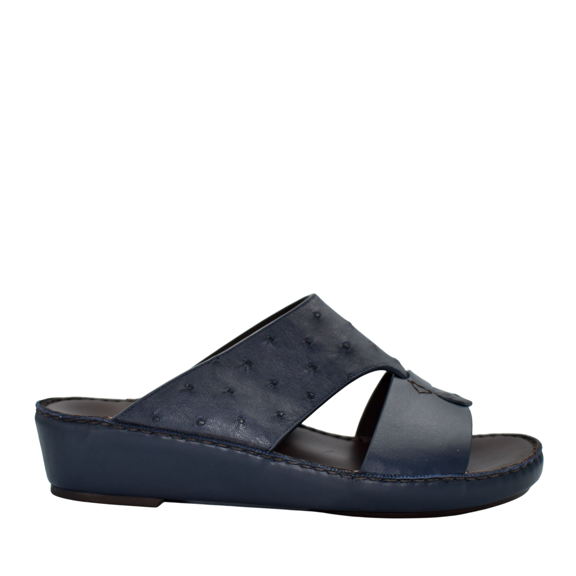Black ostrich embossed slip on sandals with cushioned sole and open toe design for comfort