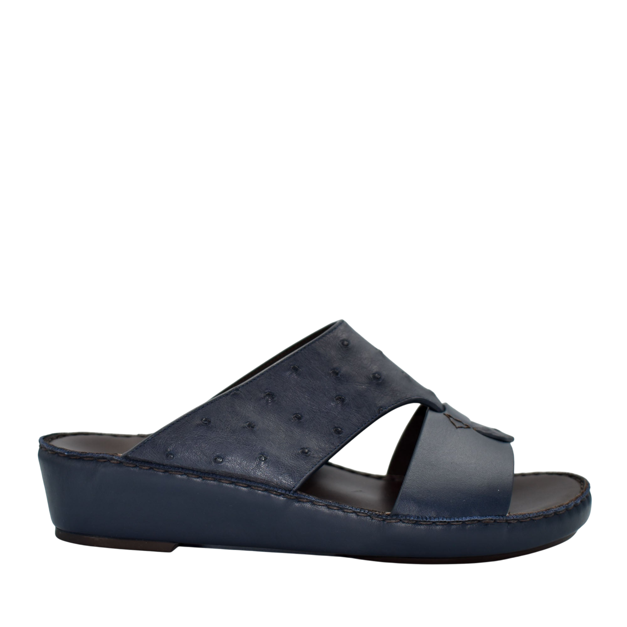 Black ostrich embossed slip on sandals with cushioned sole and open toe design for comfort