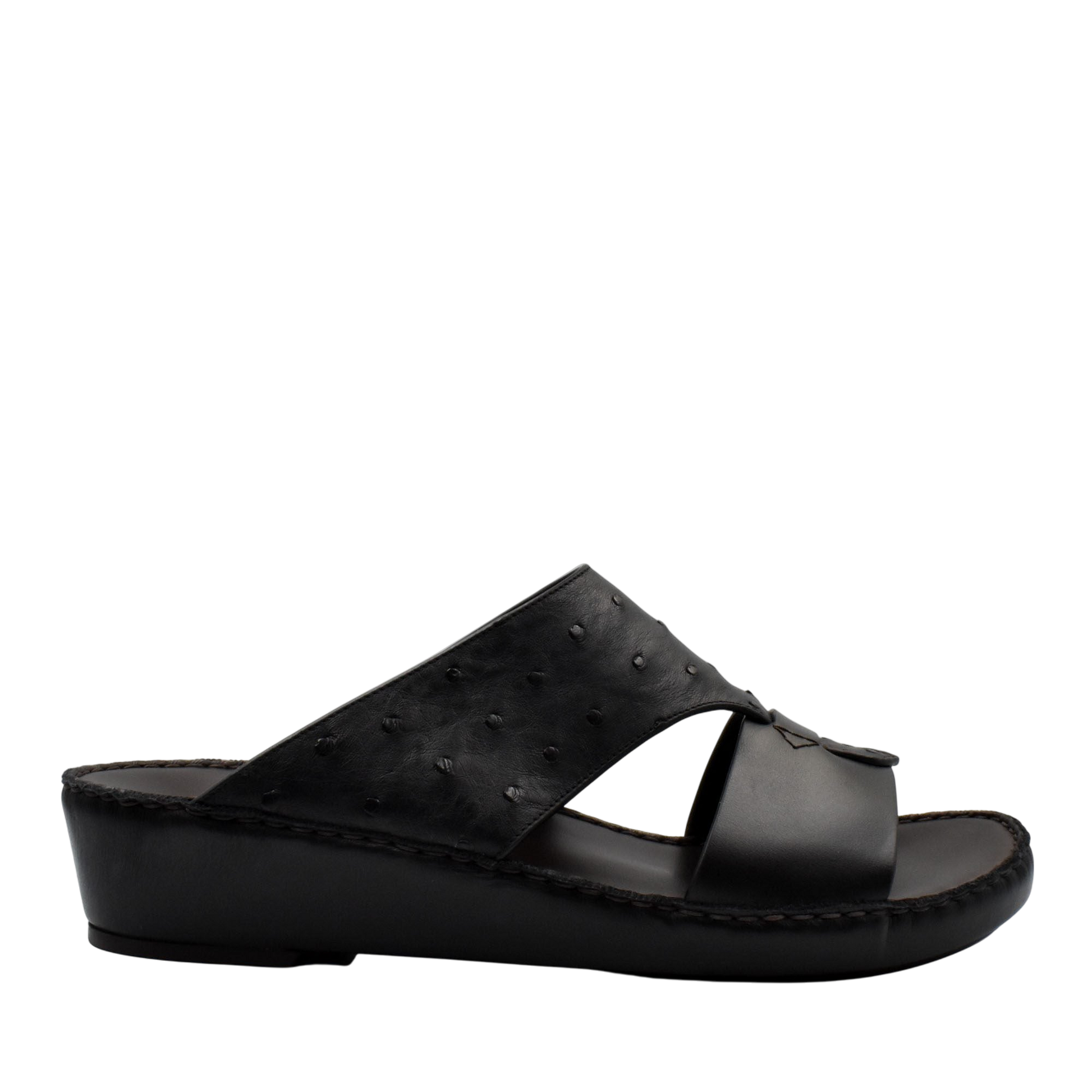 Black ostrich embossed slip on sandals with open toe and comfortable wedge sole for casual wear