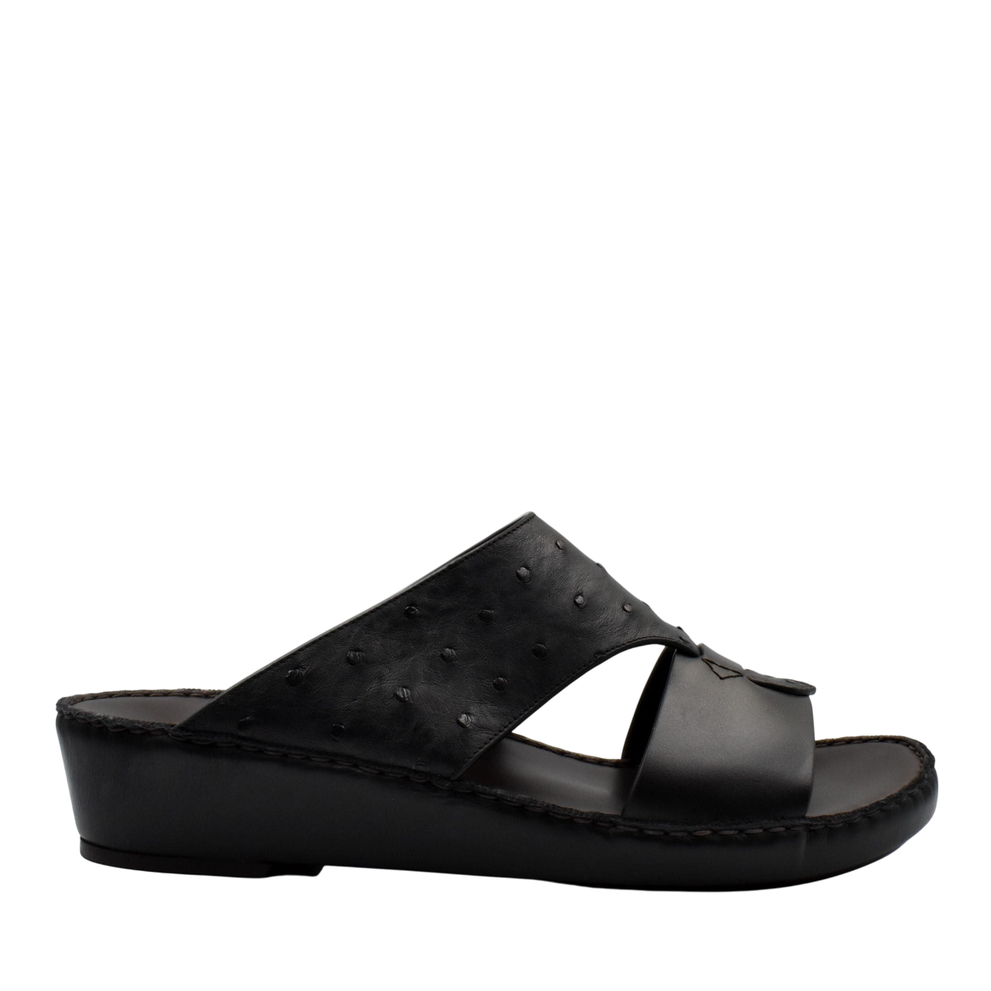 Black ostrich embossed slip on sandals with open toe and comfortable wedge sole for casual wear