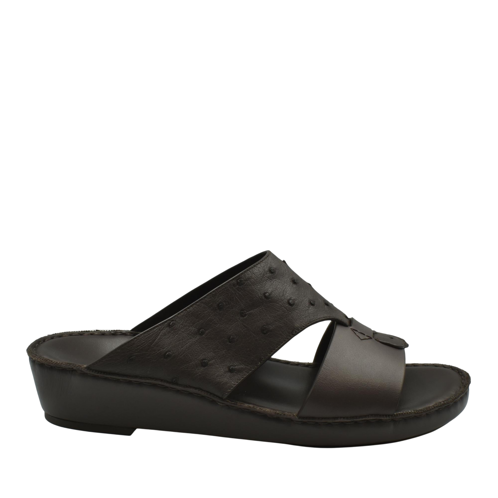 Dark brown ostrich embossed slip on sandals with cushioned sole from Private collection