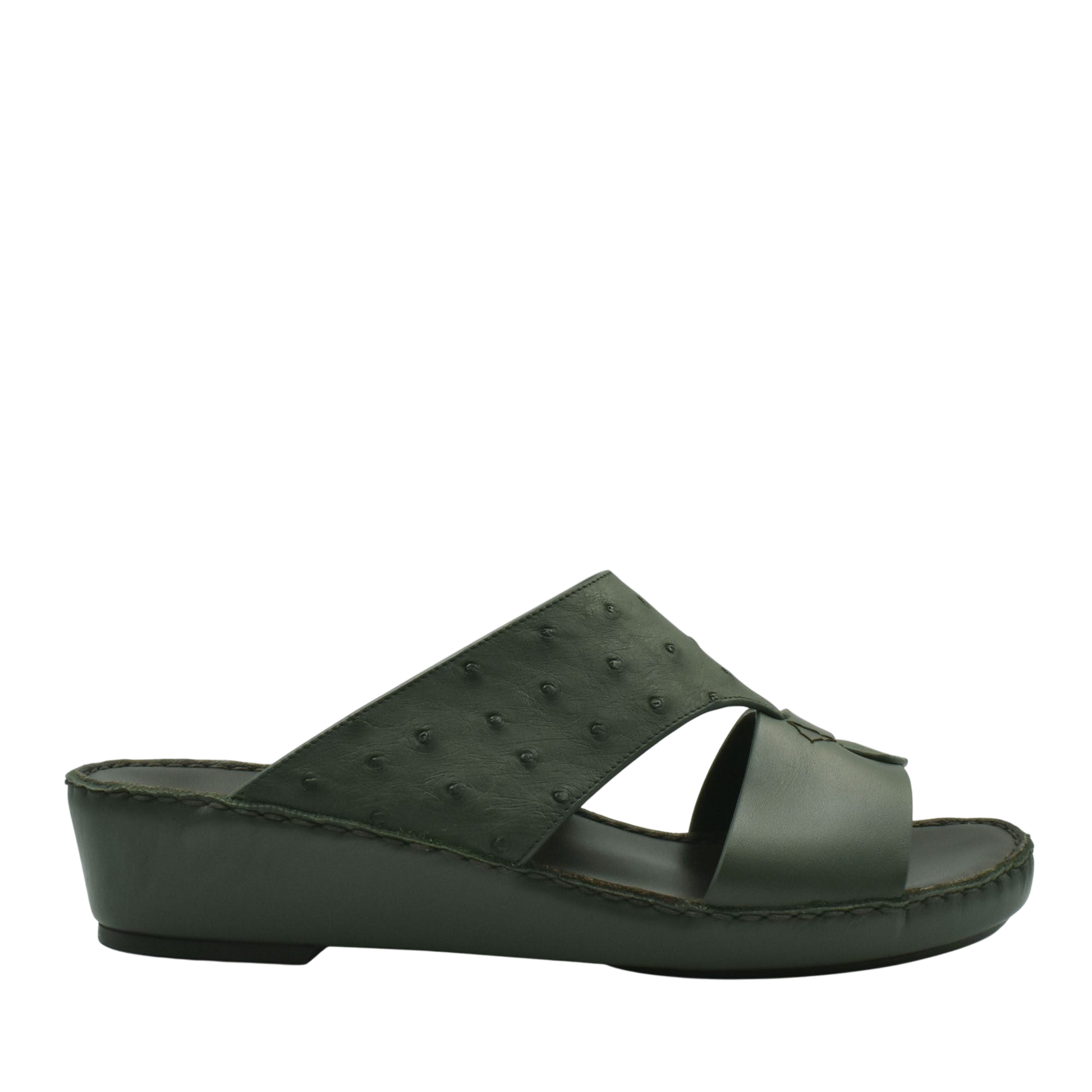 Green ostrich embossed slip on sandals with a wedge heel from Private Collection