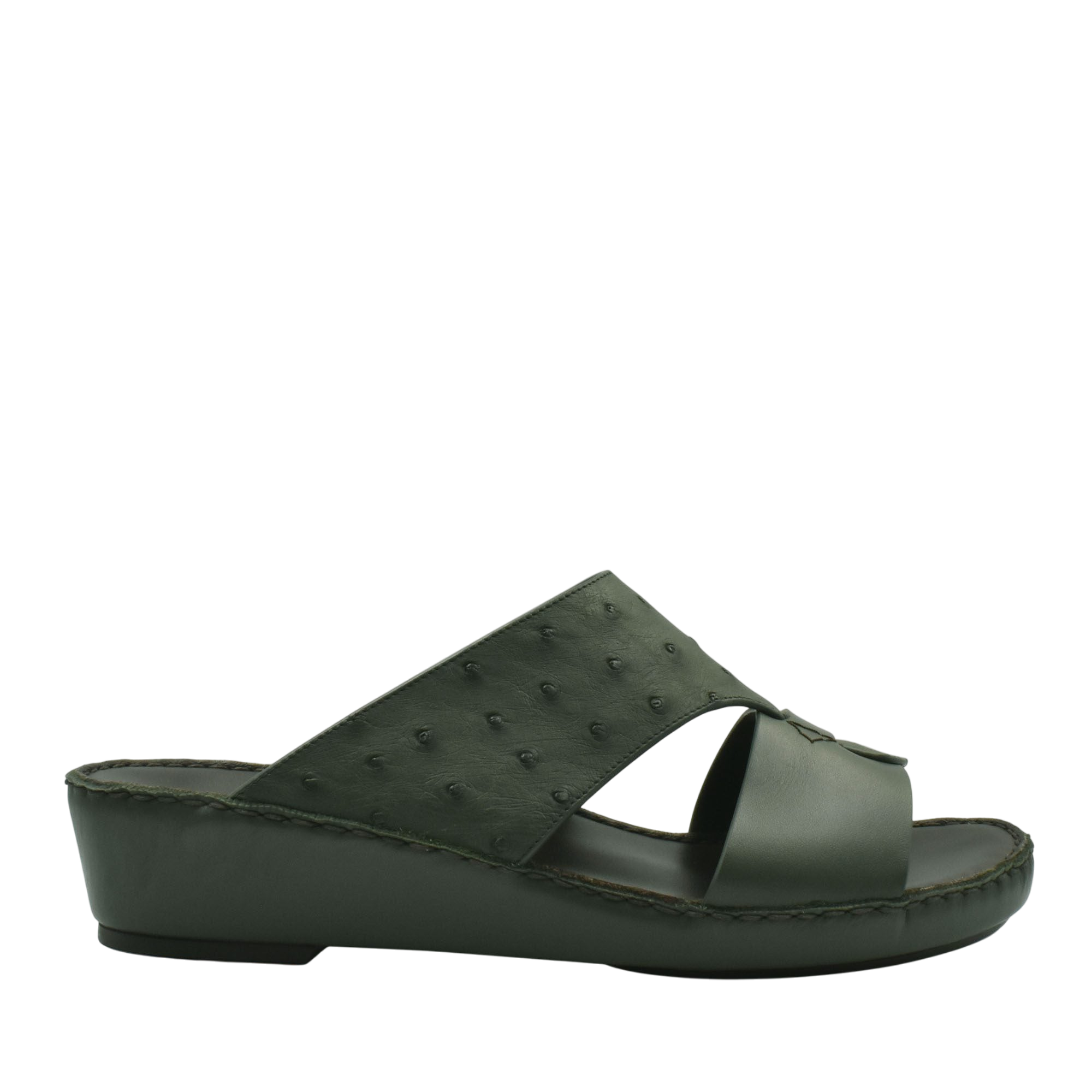 Green ostrich embossed slip on sandals with a wedge heel from Private Collection
